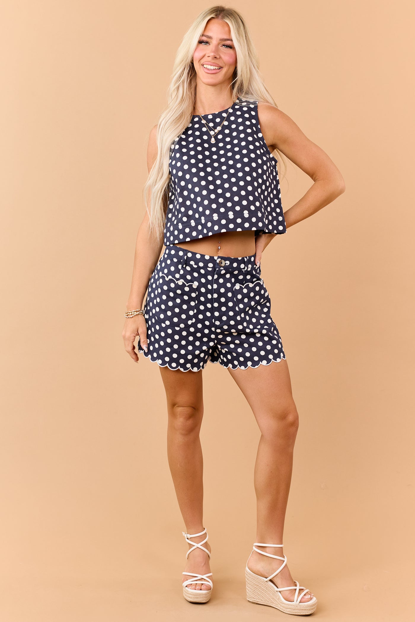 Entro Navy Denim Polka Dot Cropped Tank Top