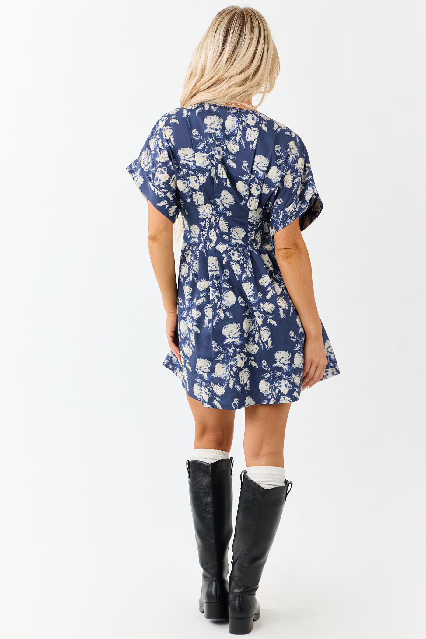 Entro Navy Floral Print Pleated Mini Dress
