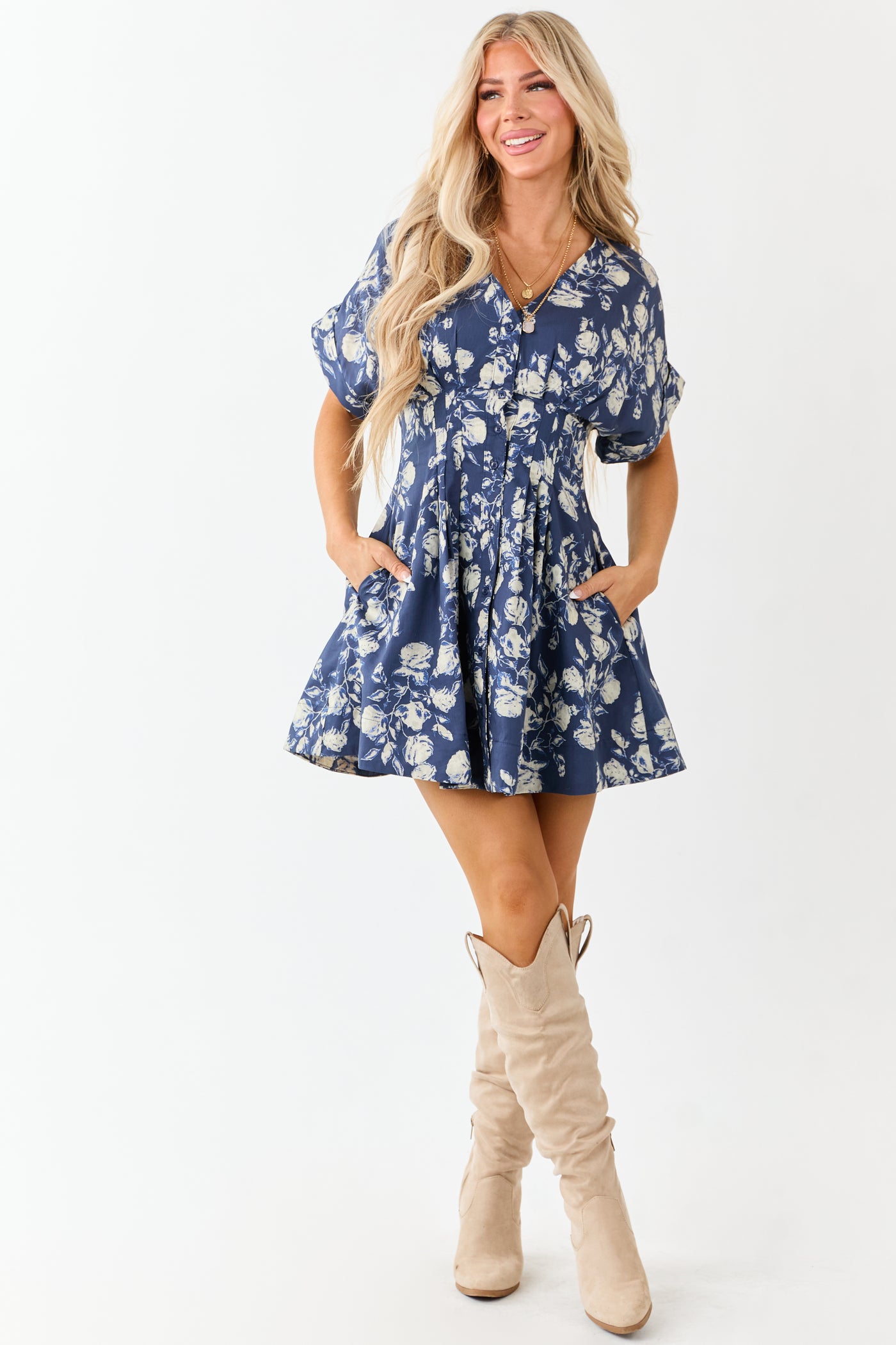 Entro Navy Floral Print Pleated Mini Dress