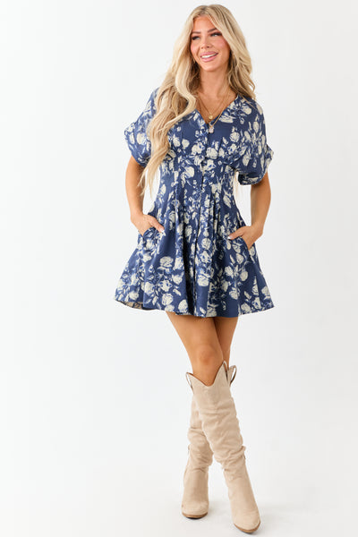 Entro Navy Floral Print Pleated Mini Dress