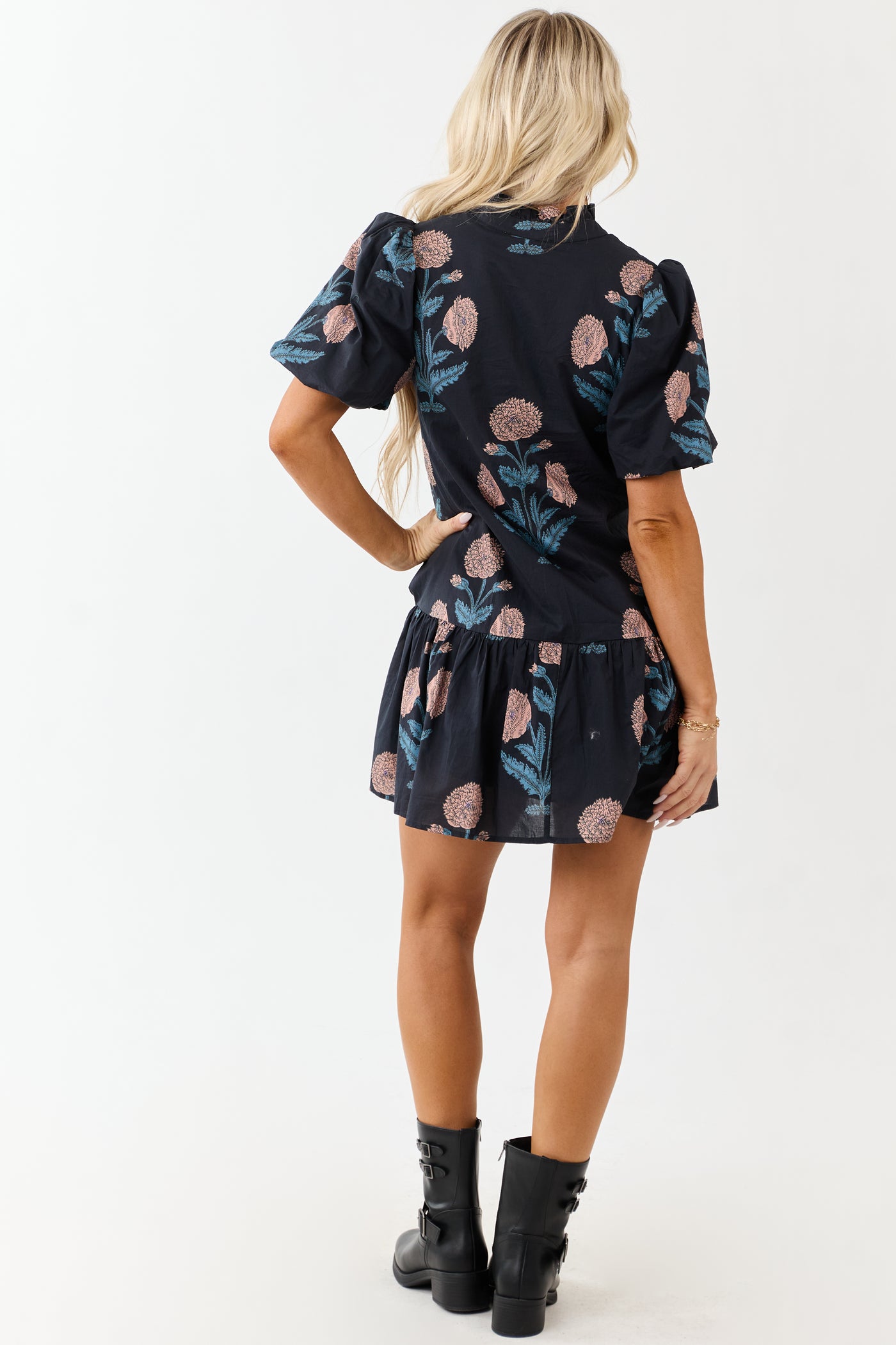 Entro Navy Floral Puff Sleeve Cotton Mini Dress