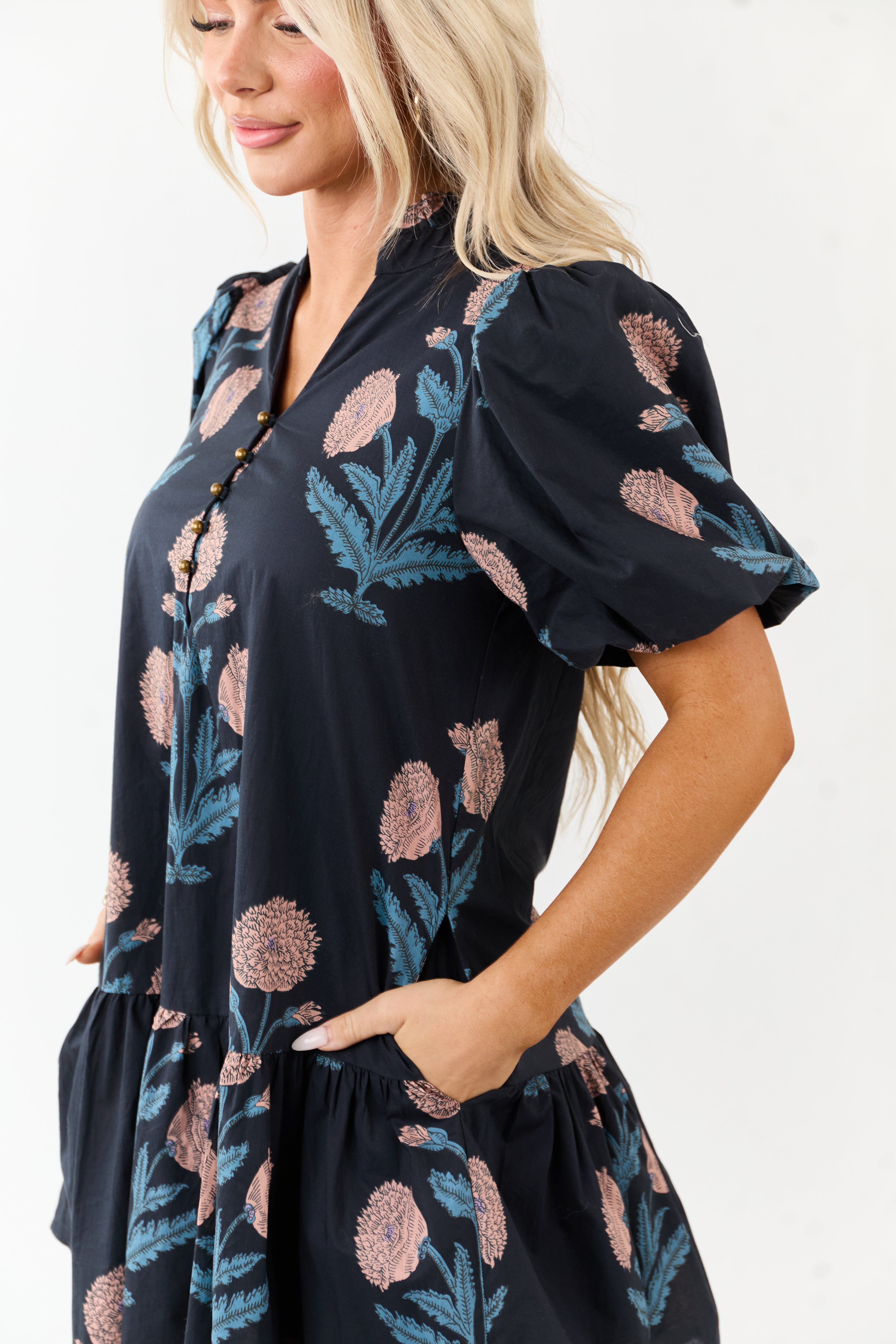 Entro Navy Floral Puff Sleeve Cotton Mini Dress Entro Navy Floral Puff Sleeve Cotton Mini Dress