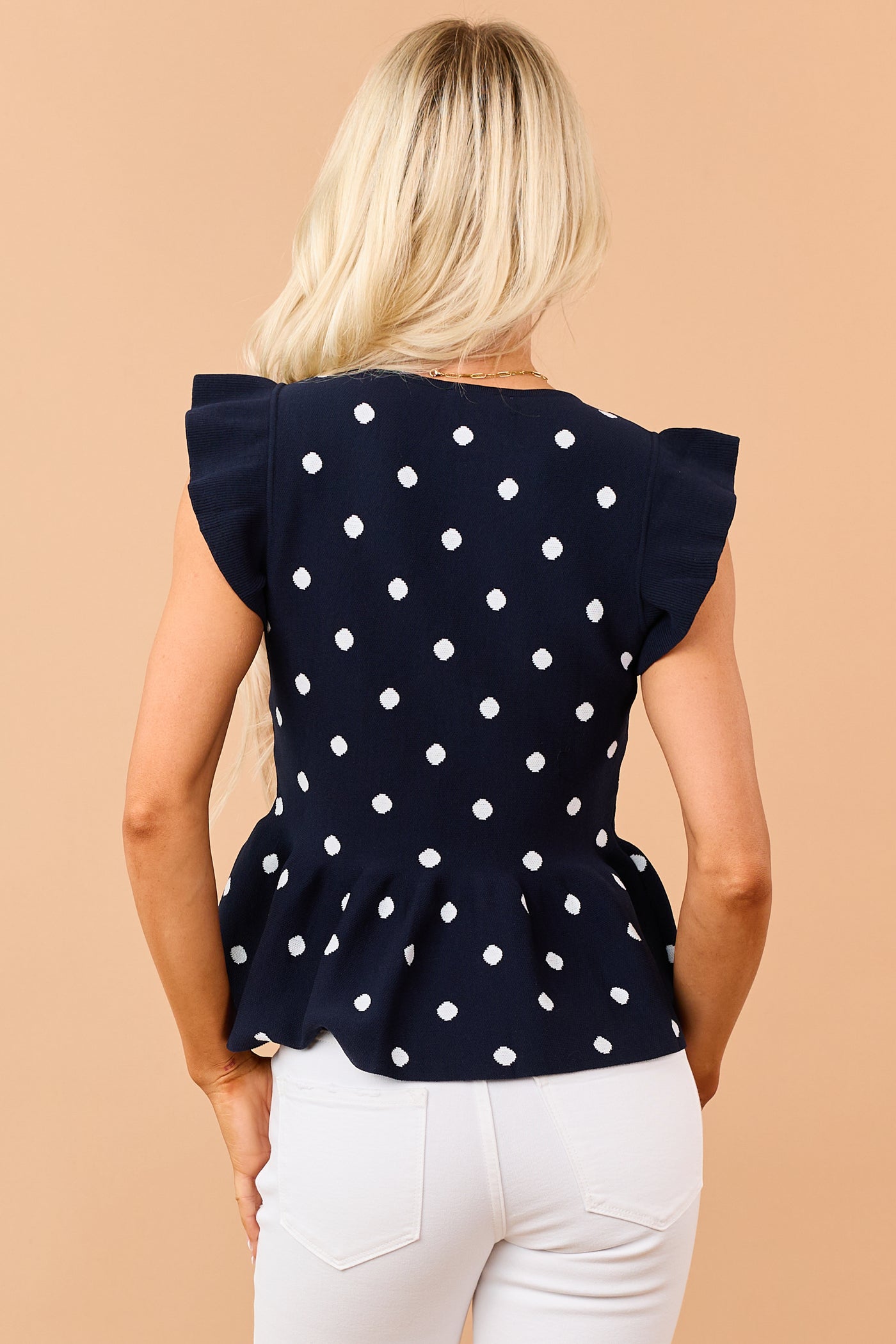 Entro Navy Polka Dot Knit Ruffle Peplum Top