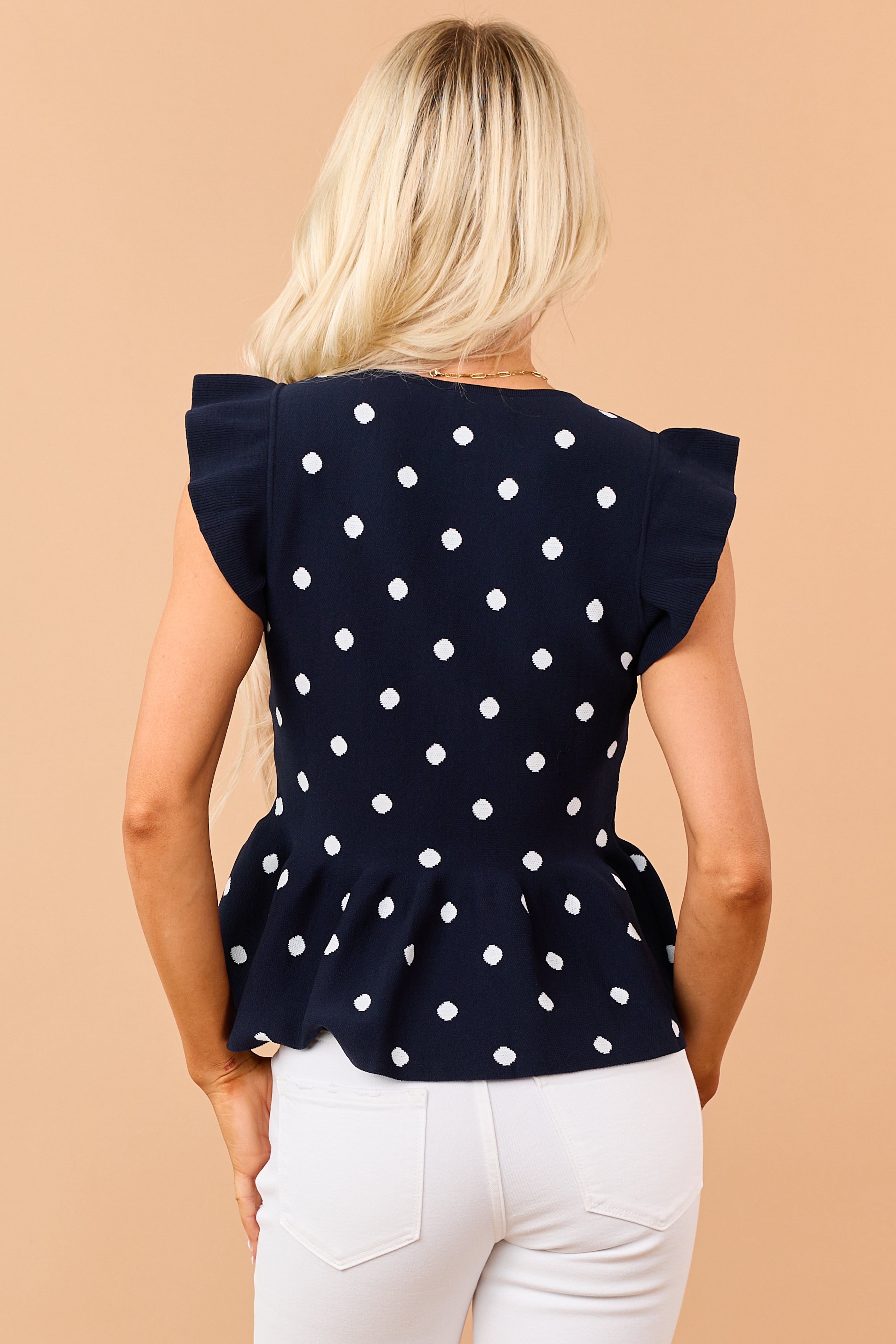 Entro Navy Polka Dot Knit Ruffle Peplum Top