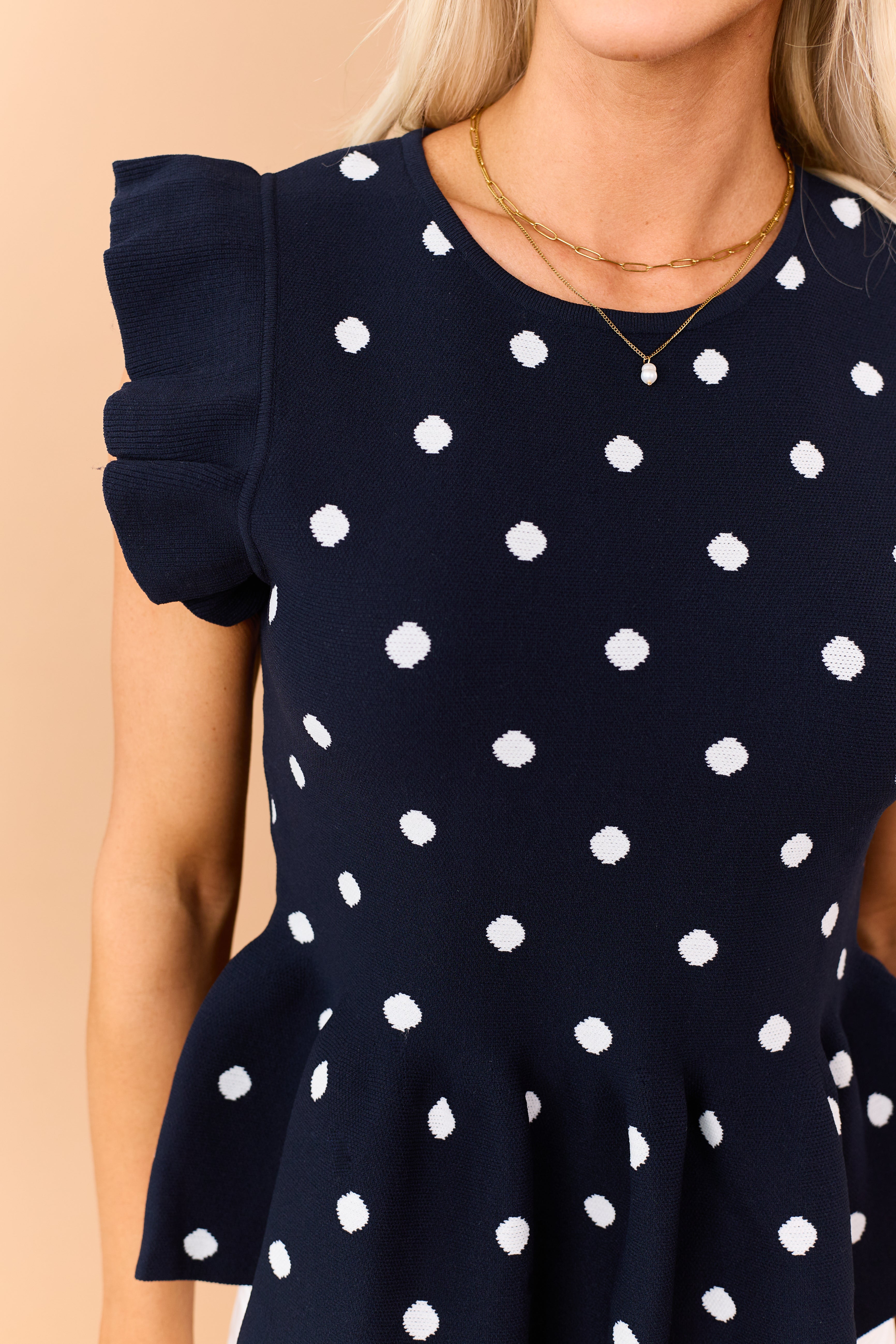 Entro Navy Polka Dot Knit Ruffle Peplum Top