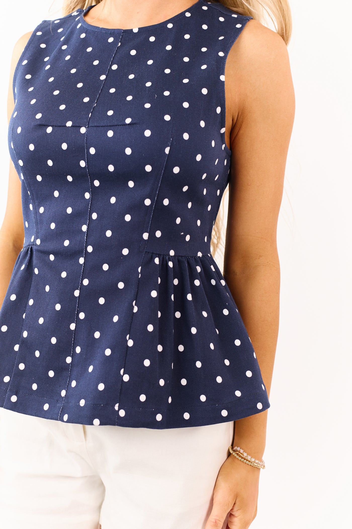 Entro Navy Polka Dot Ruffle Hem Denim Tank Top
