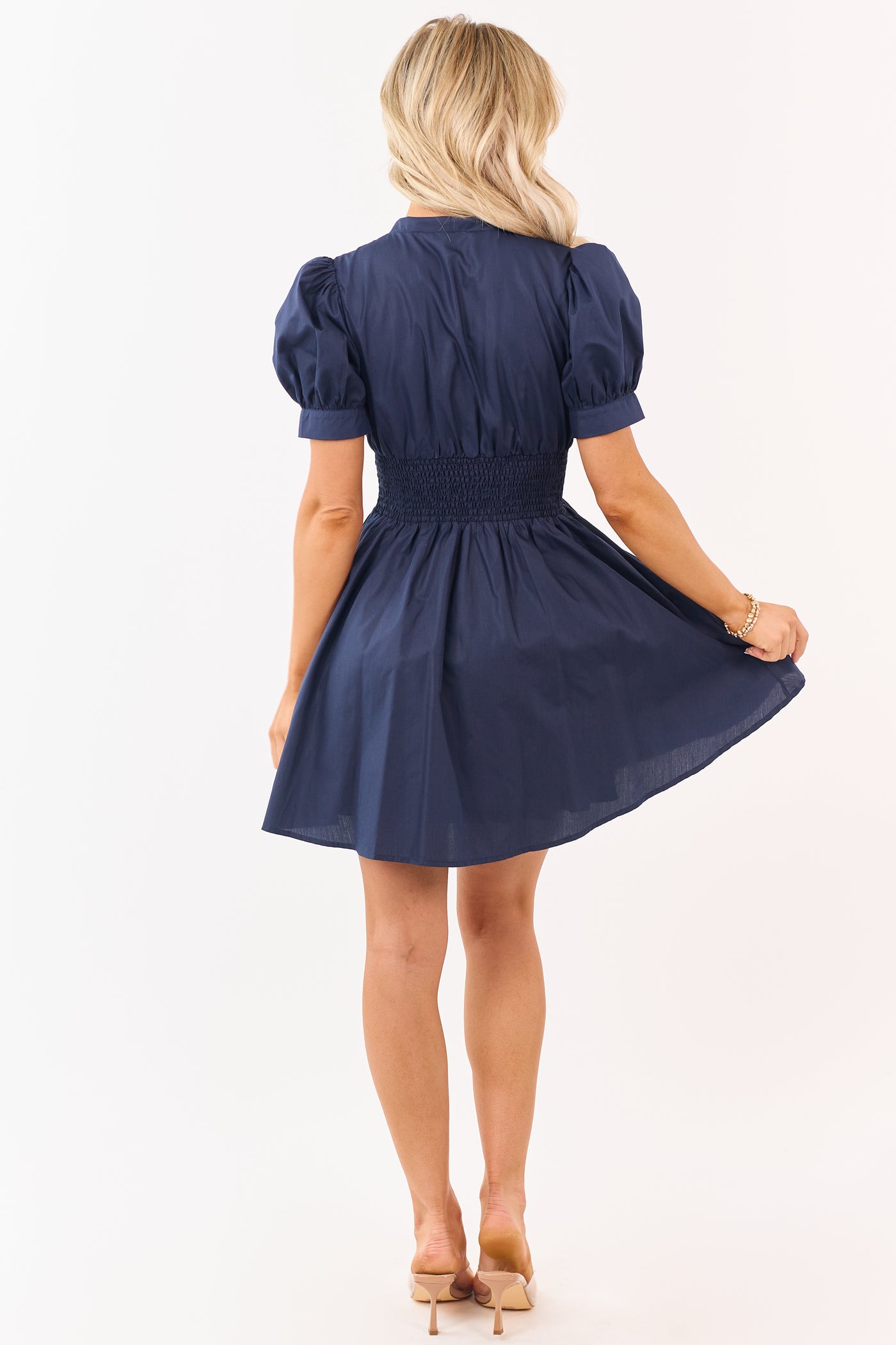 Entro Navy Puff Sleeve Zip Up Smocked Mini Dress