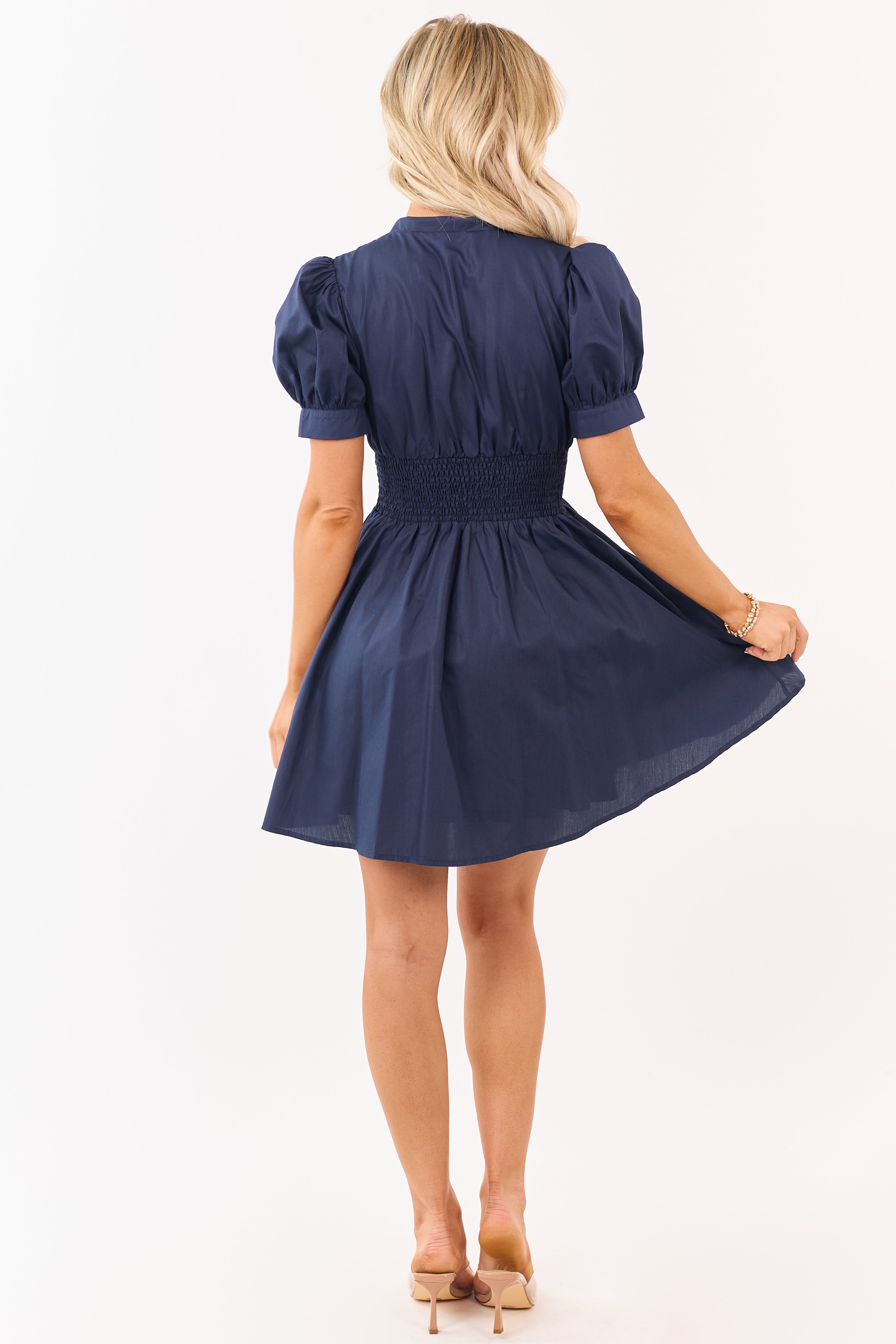 Entro Navy Puff Sleeve Zip Up Smocked Mini Dress