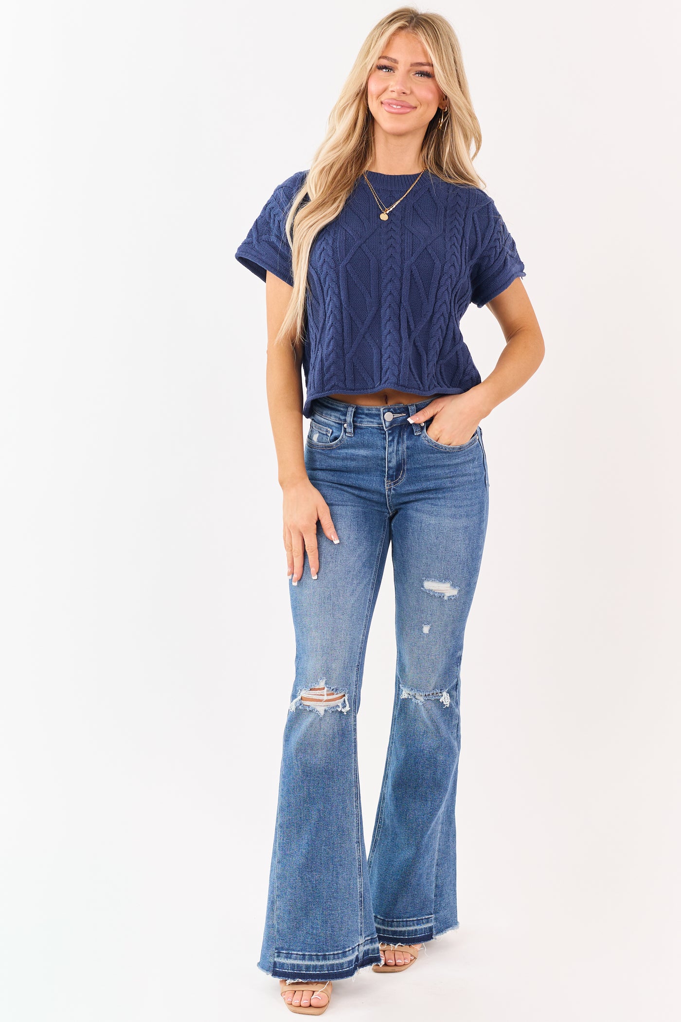 Entro Navy Short Sleeve Cable Knit Sweater Top