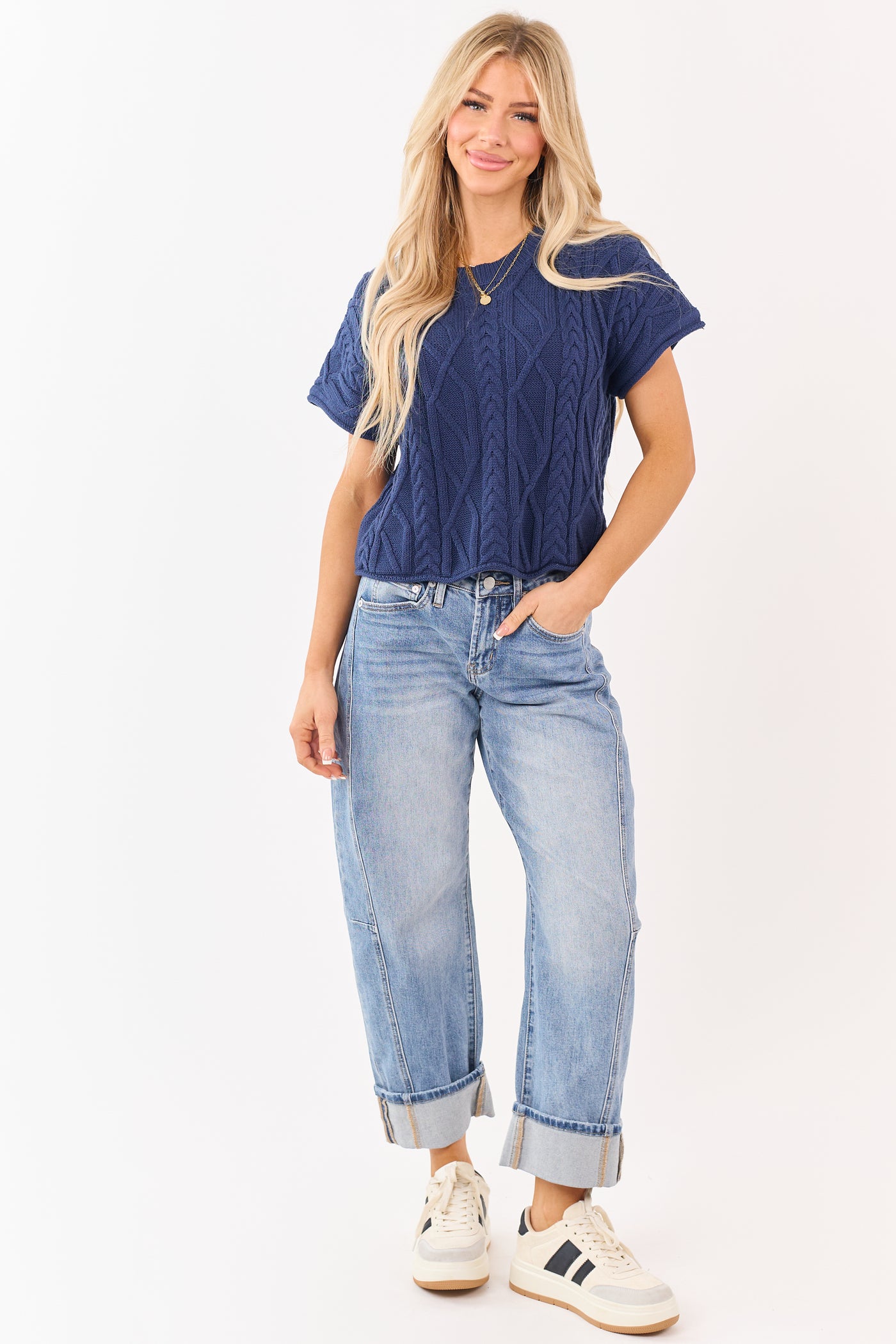 Entro Navy Short Sleeve Cable Knit Sweater Top