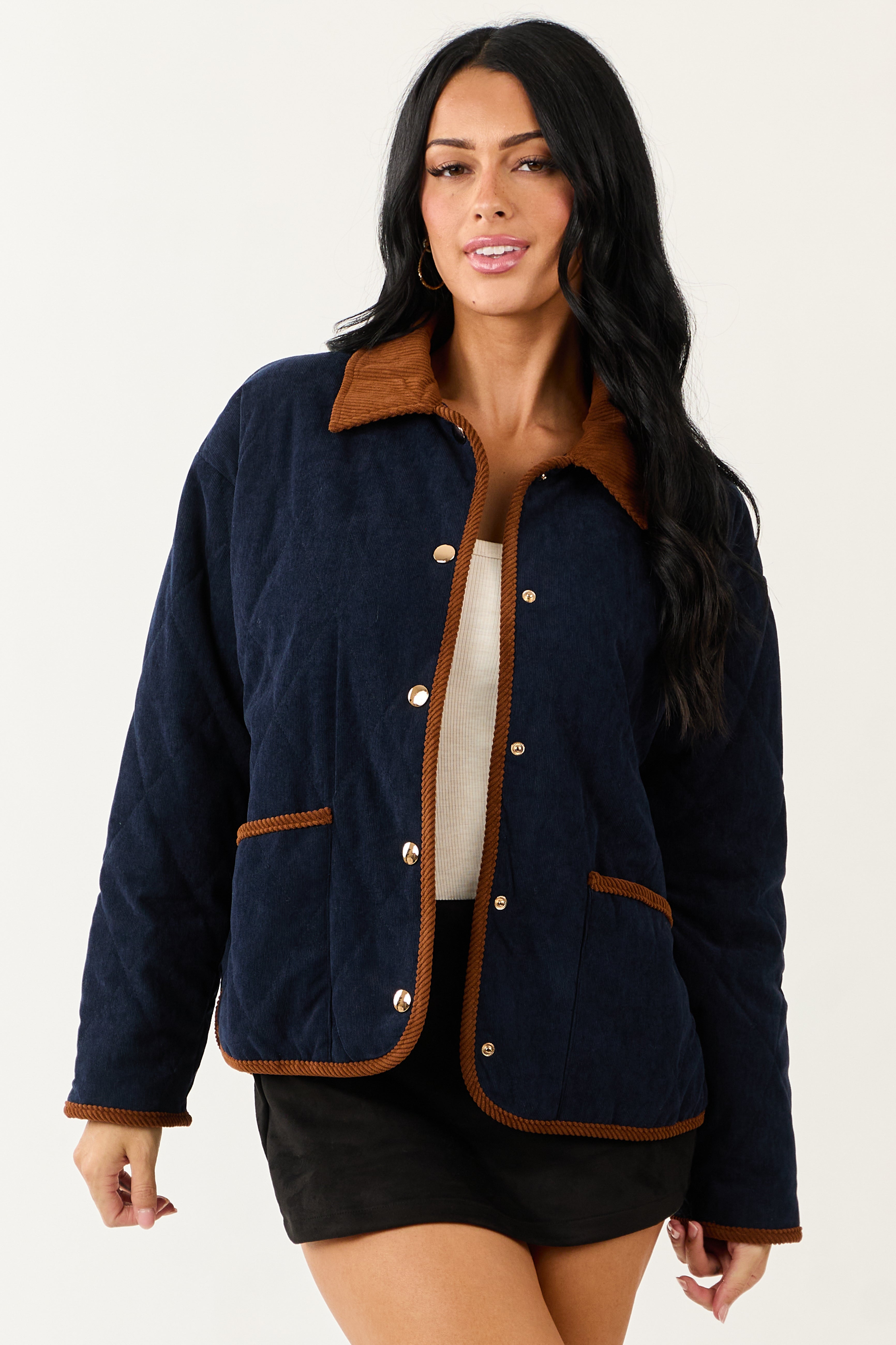 Entro Navy Snap Button Down Collared Jacket | Lime Lush Boutique