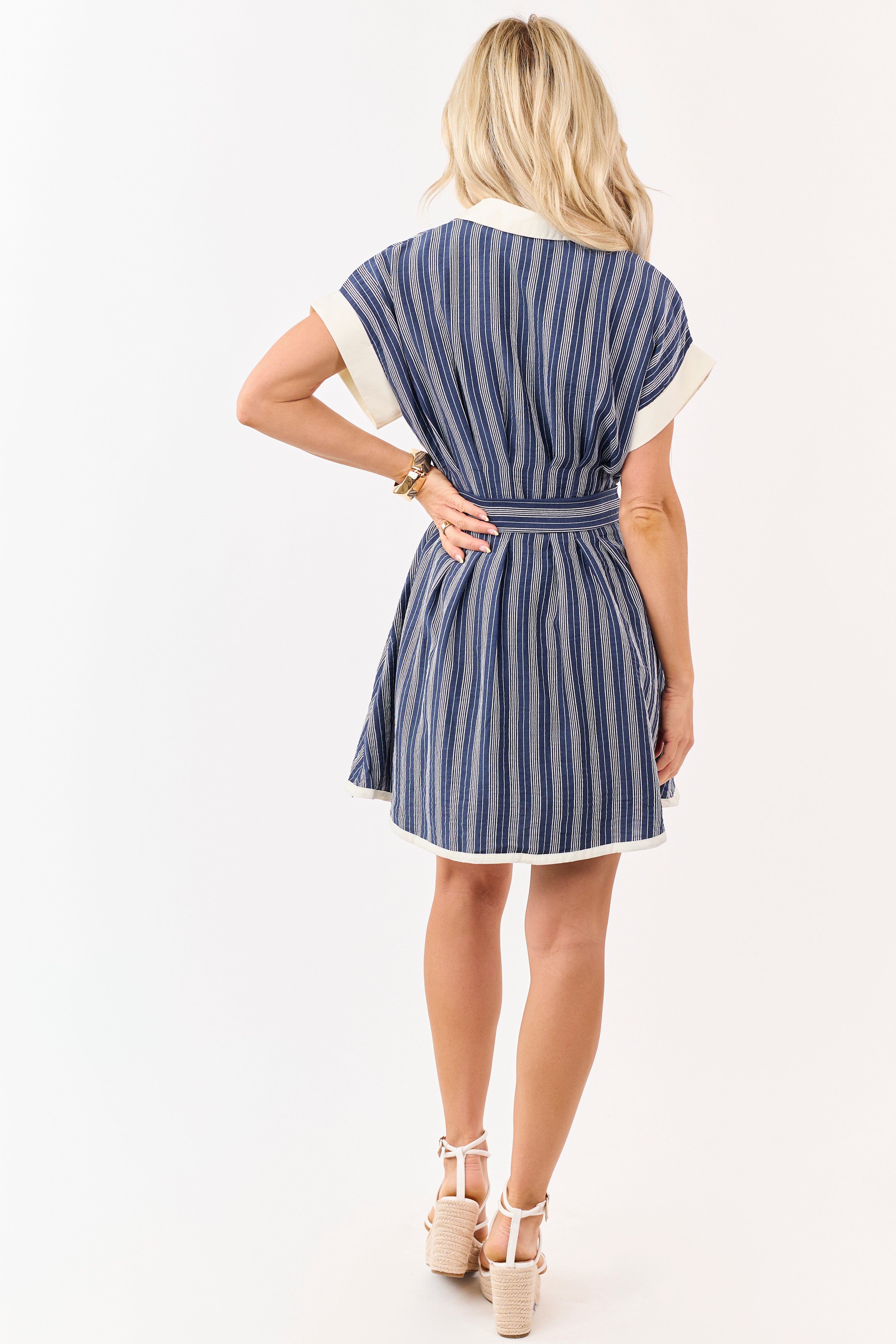 Entro Navy Striped Button Up Short Sleeve Mini Dress
