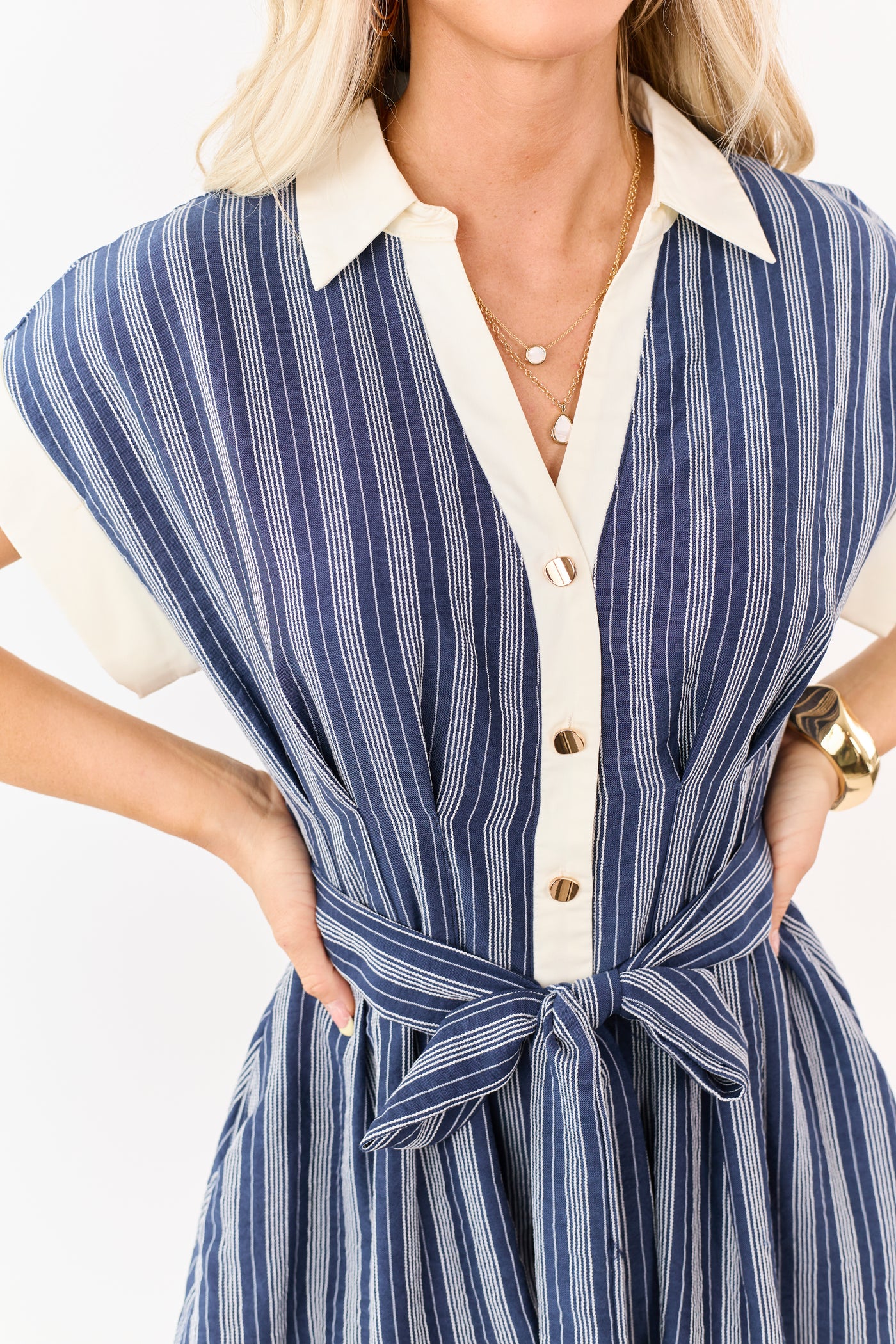 Entro Navy Striped Button Up Short Sleeve Mini Dress