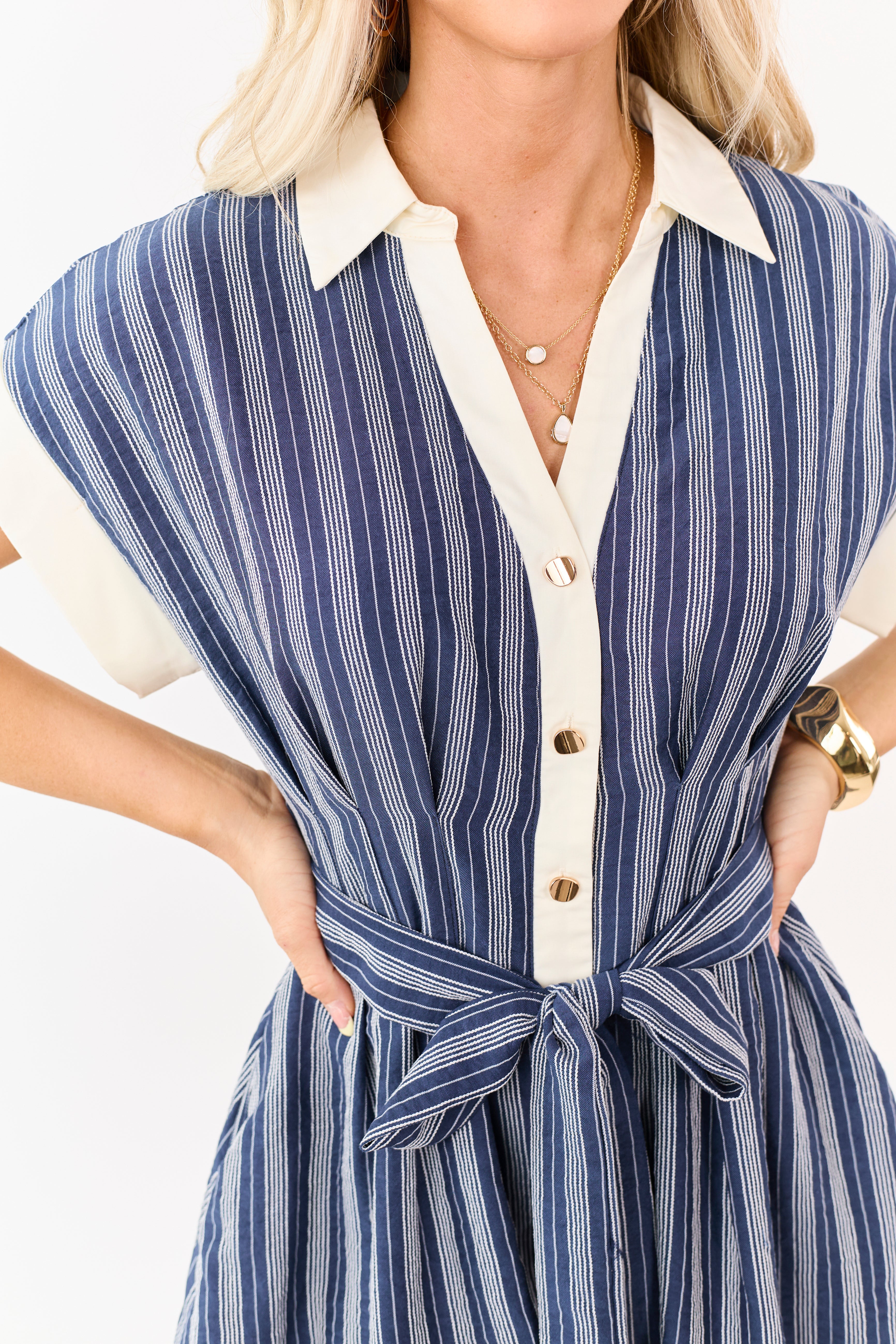 Entro Navy Striped Button Up Short Sleeve Mini Dress