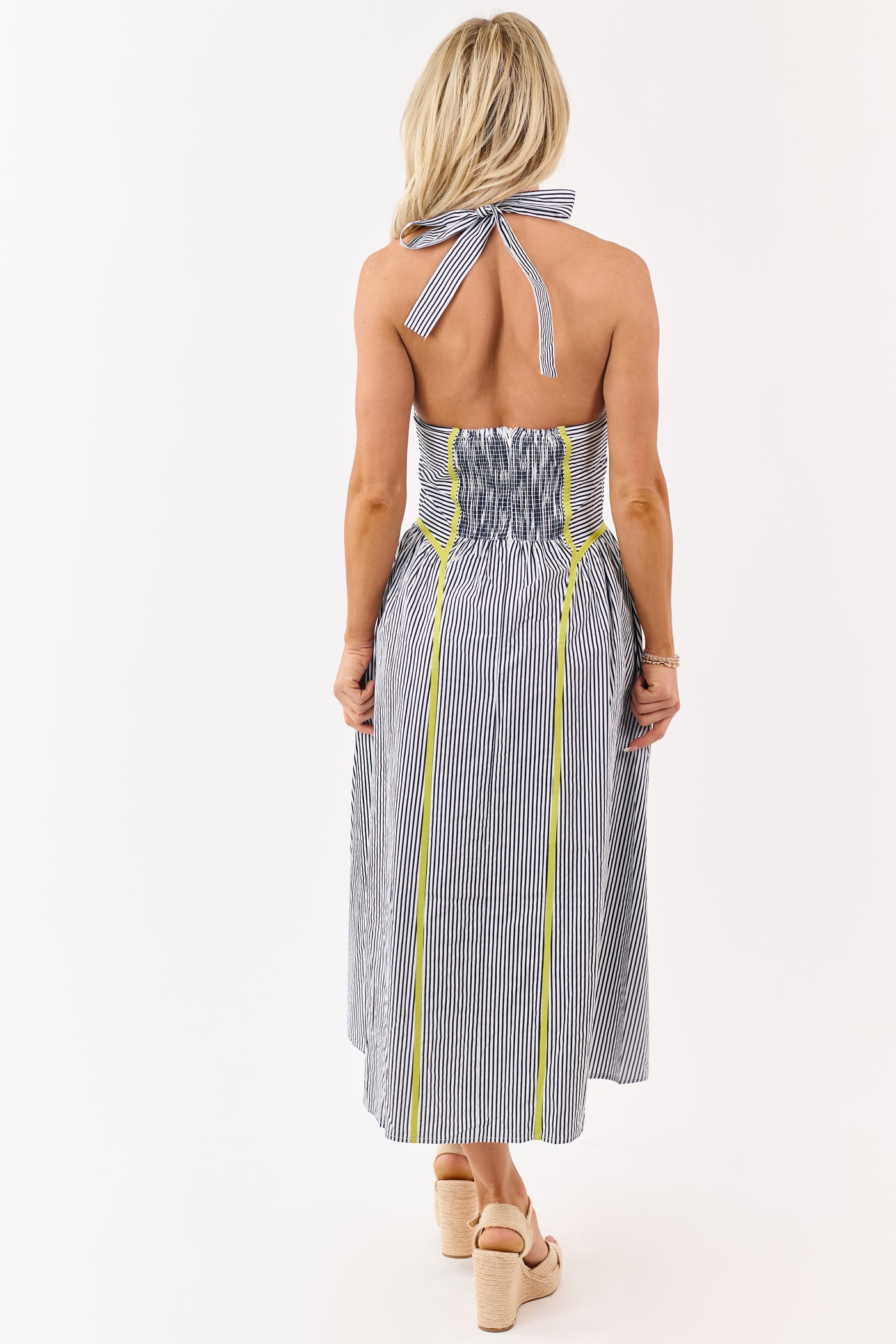 Entro Navy Striped Cotton Halter Midi Dress