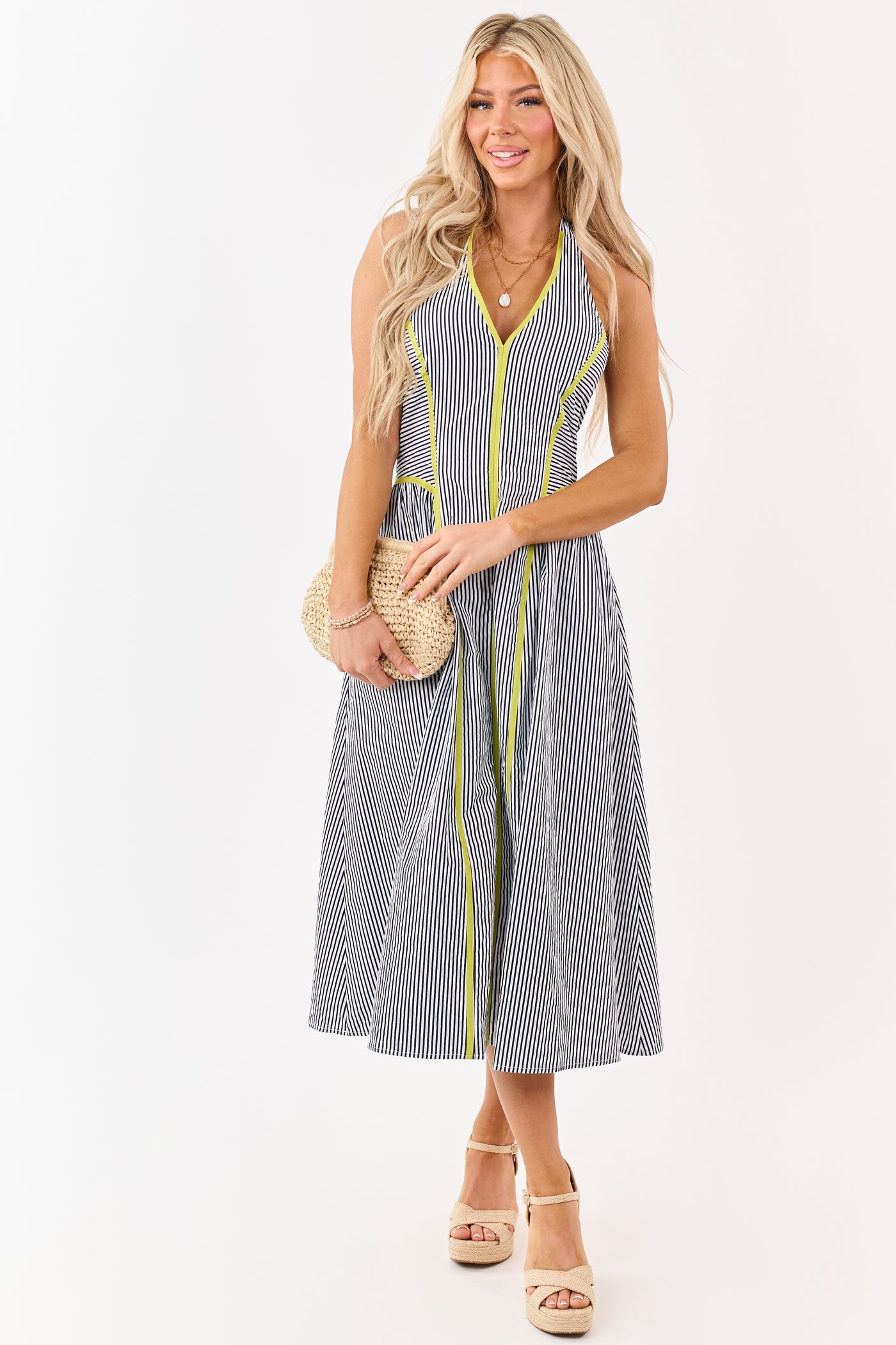 Entro Navy Striped Cotton Halter Midi Dress