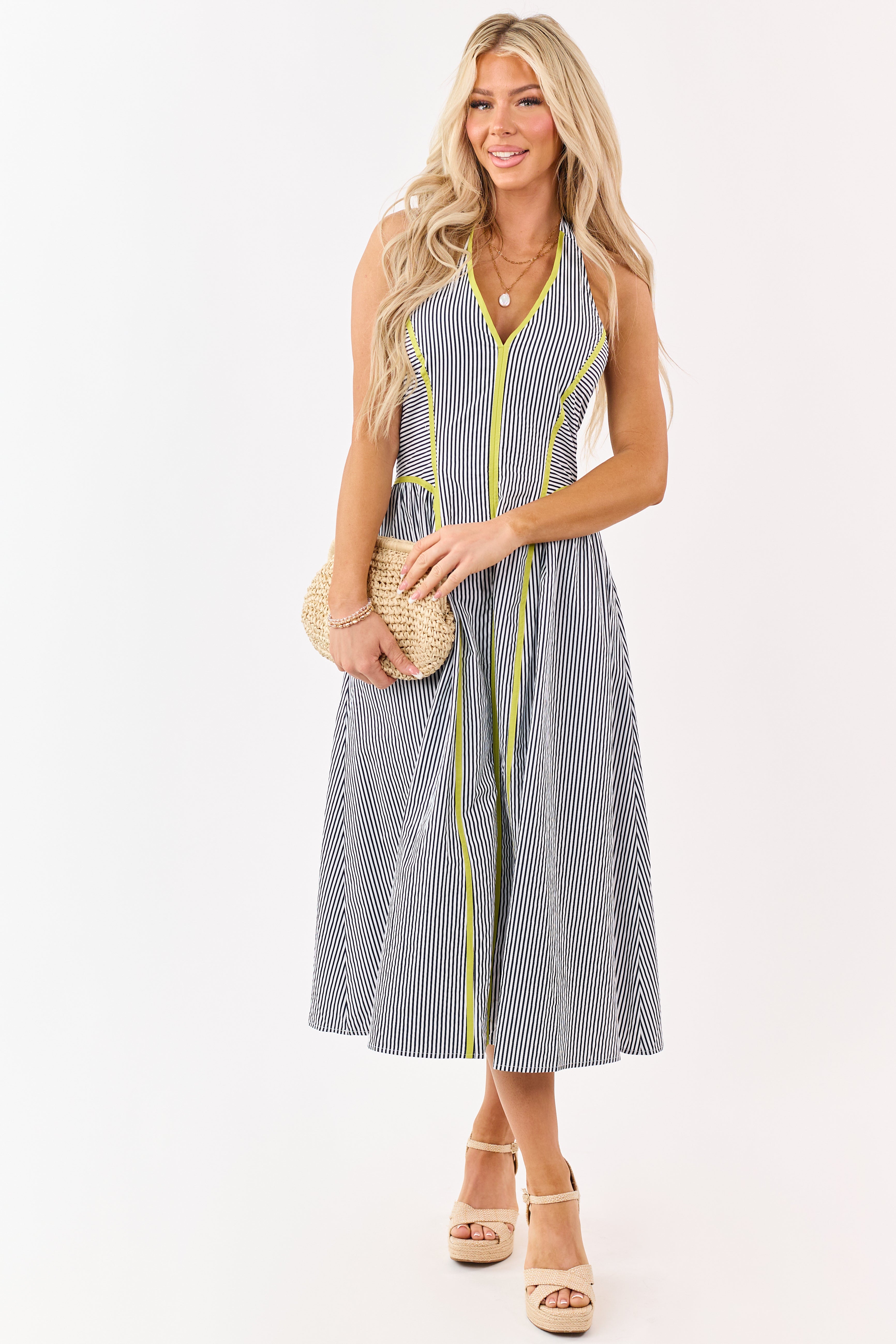 Entro Navy Striped Cotton Halter Midi Dress