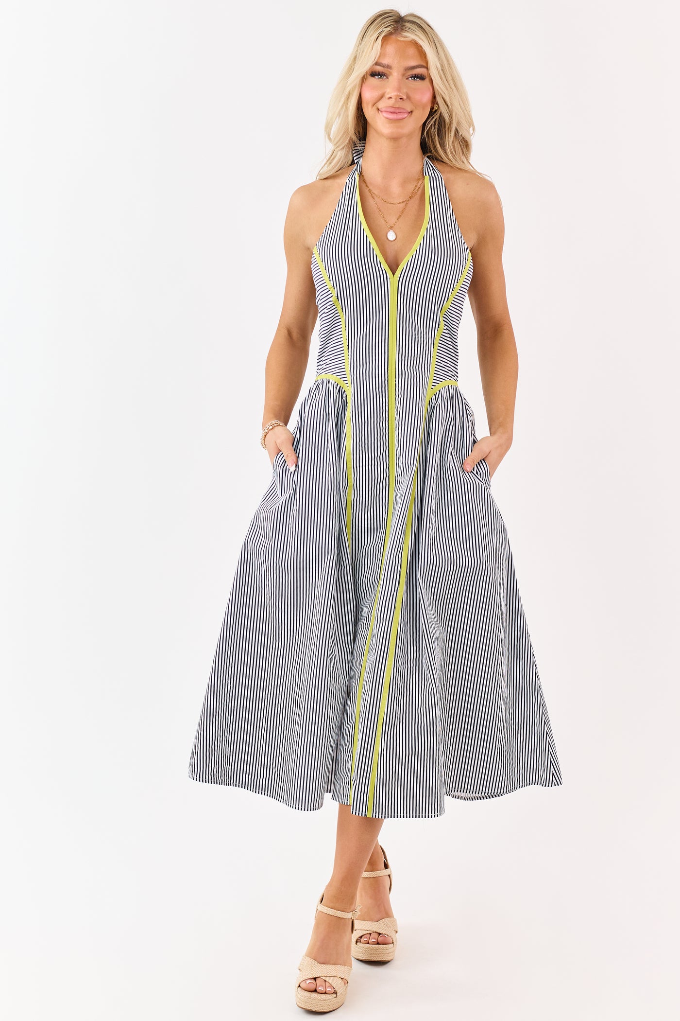 Entro Navy Striped Cotton Halter Midi Dress