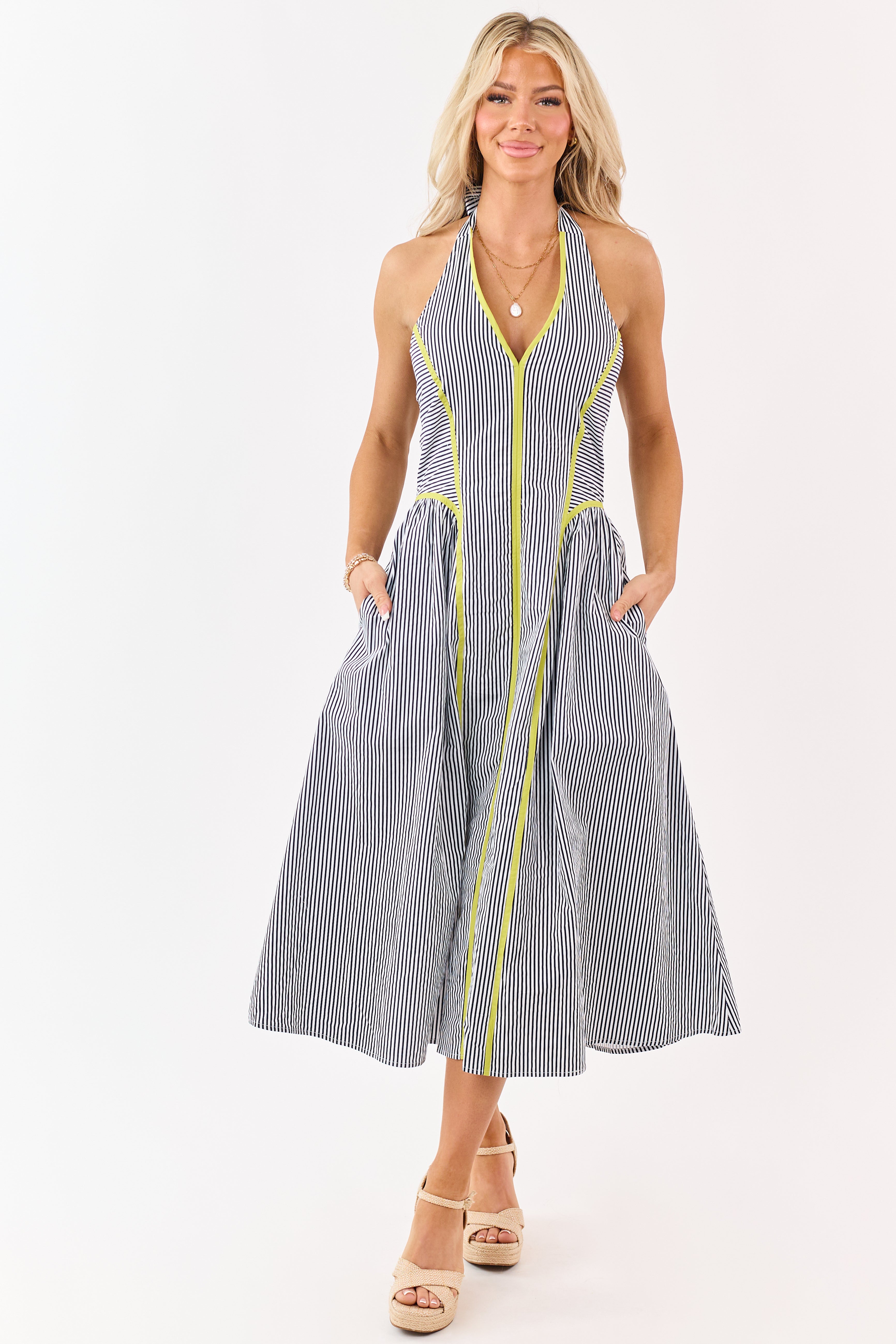 Entro Navy Striped Cotton Halter Midi Dress