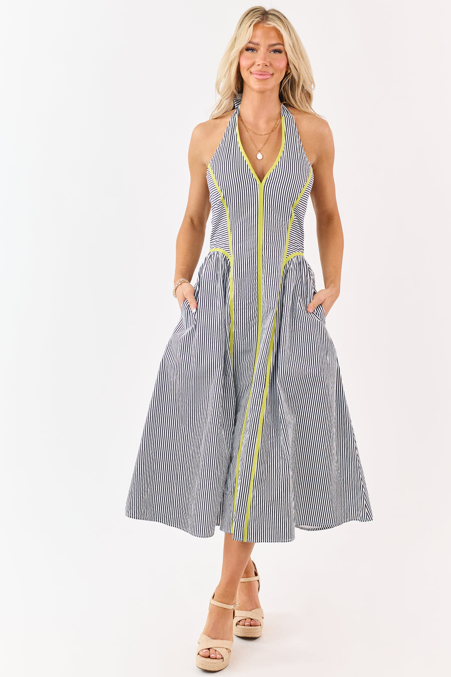 Entro Navy Striped Cotton Halter Midi Dress