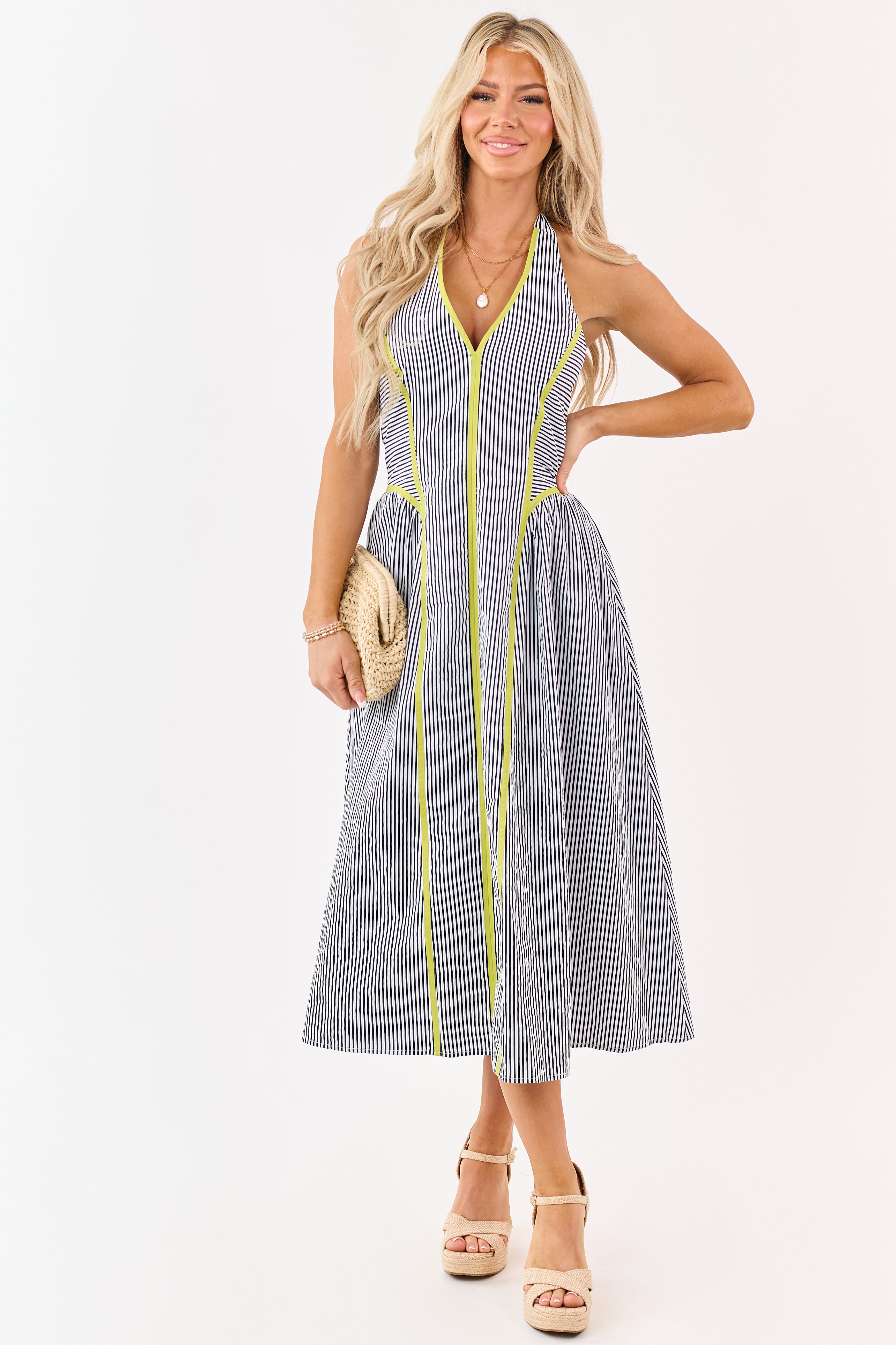 Entro Navy Striped Cotton Halter Midi Dress