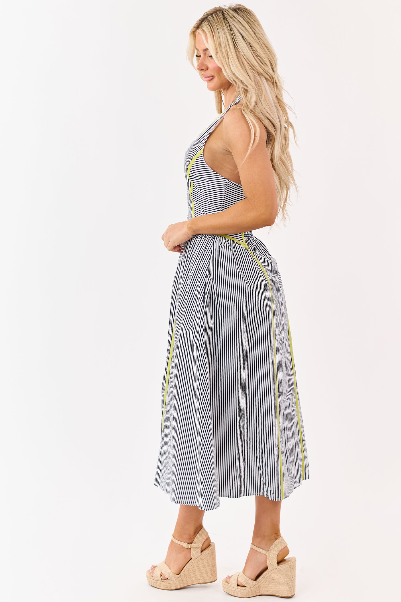 Entro Navy Striped Cotton Halter Midi Dress