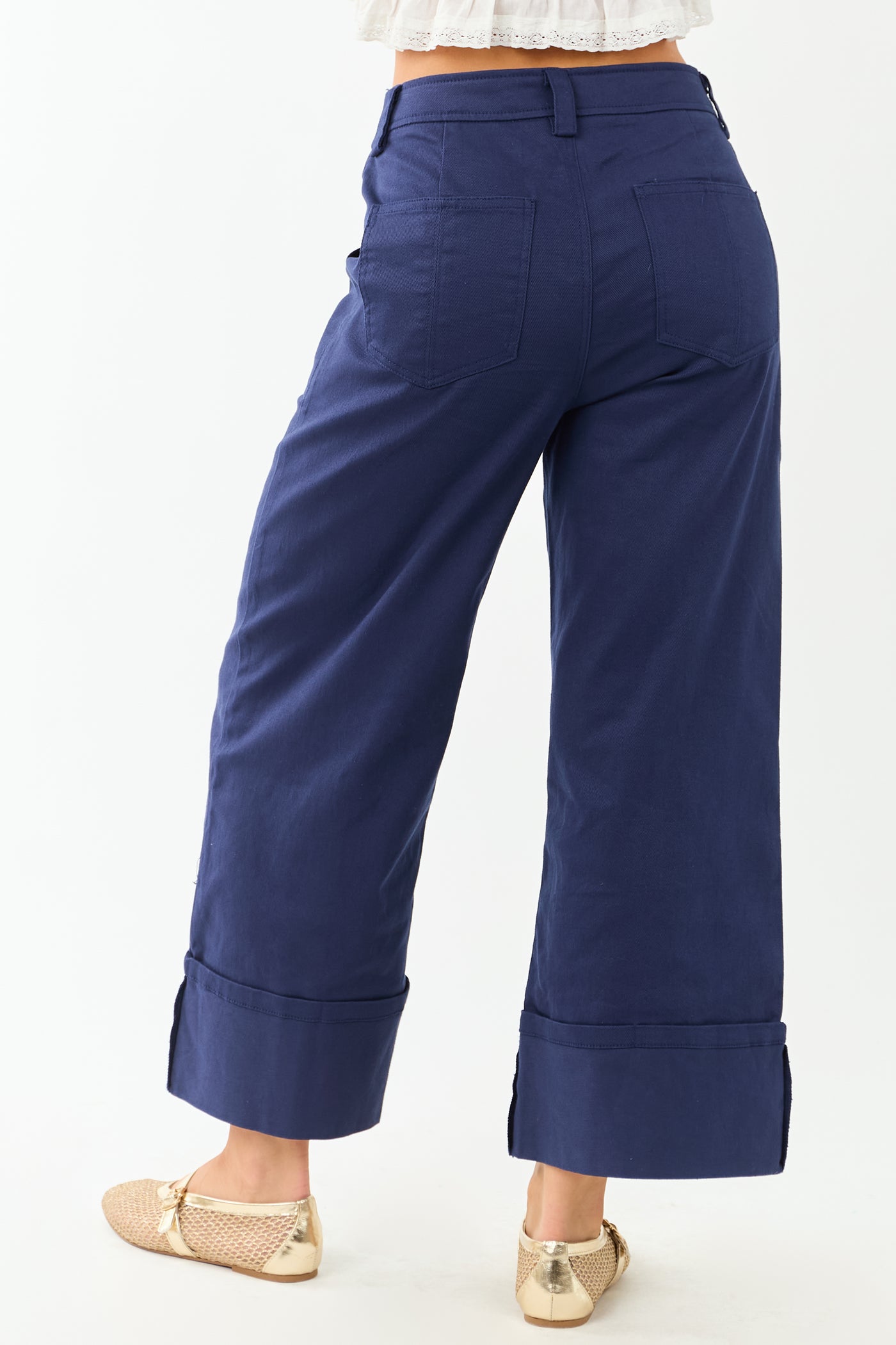 Entro Navy Wide Leg Cropped Cuffed High Waist Pants