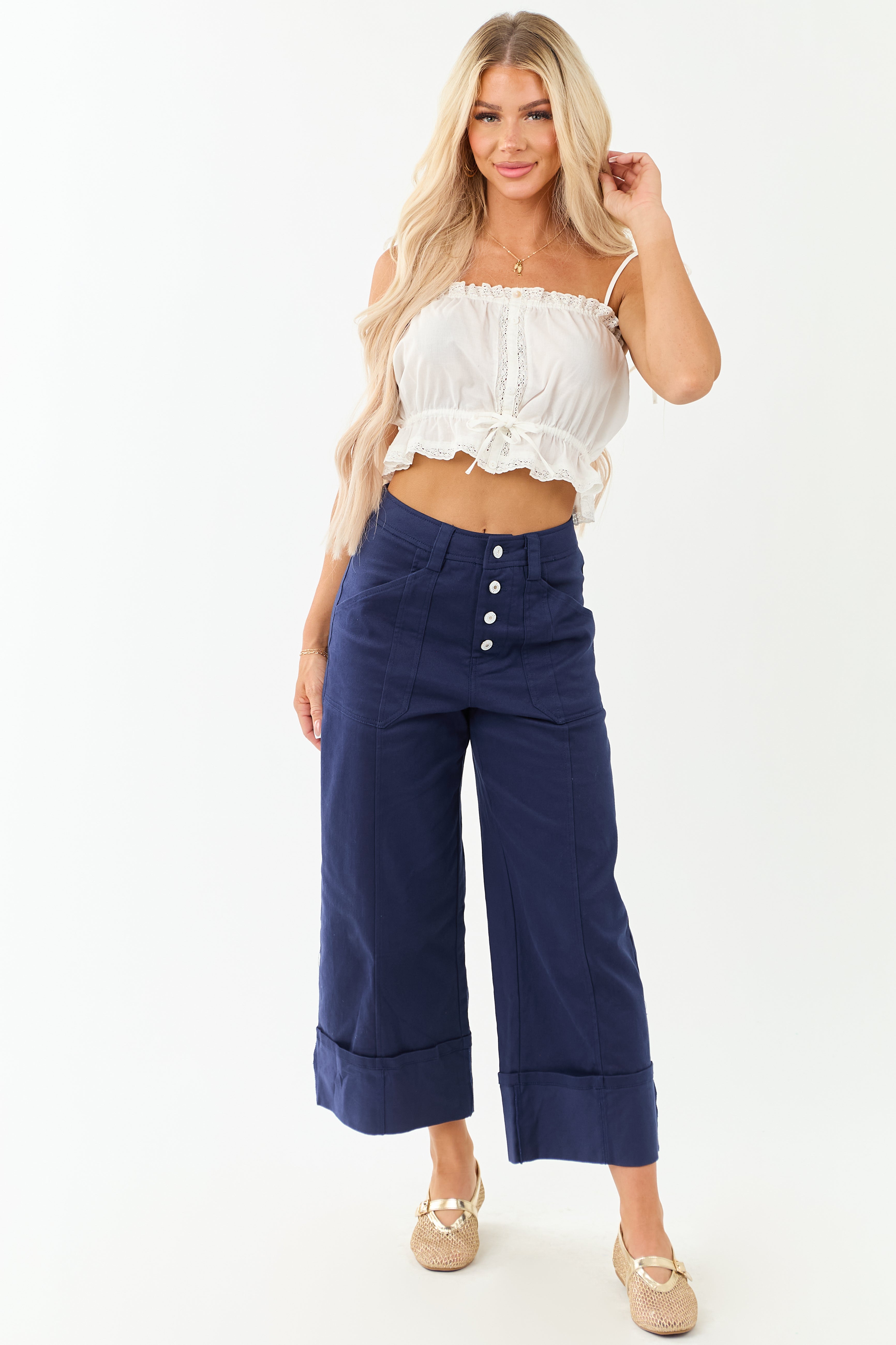 Entro Navy Wide Leg Cropped Cuffed High Waist Pants | Lime Lush