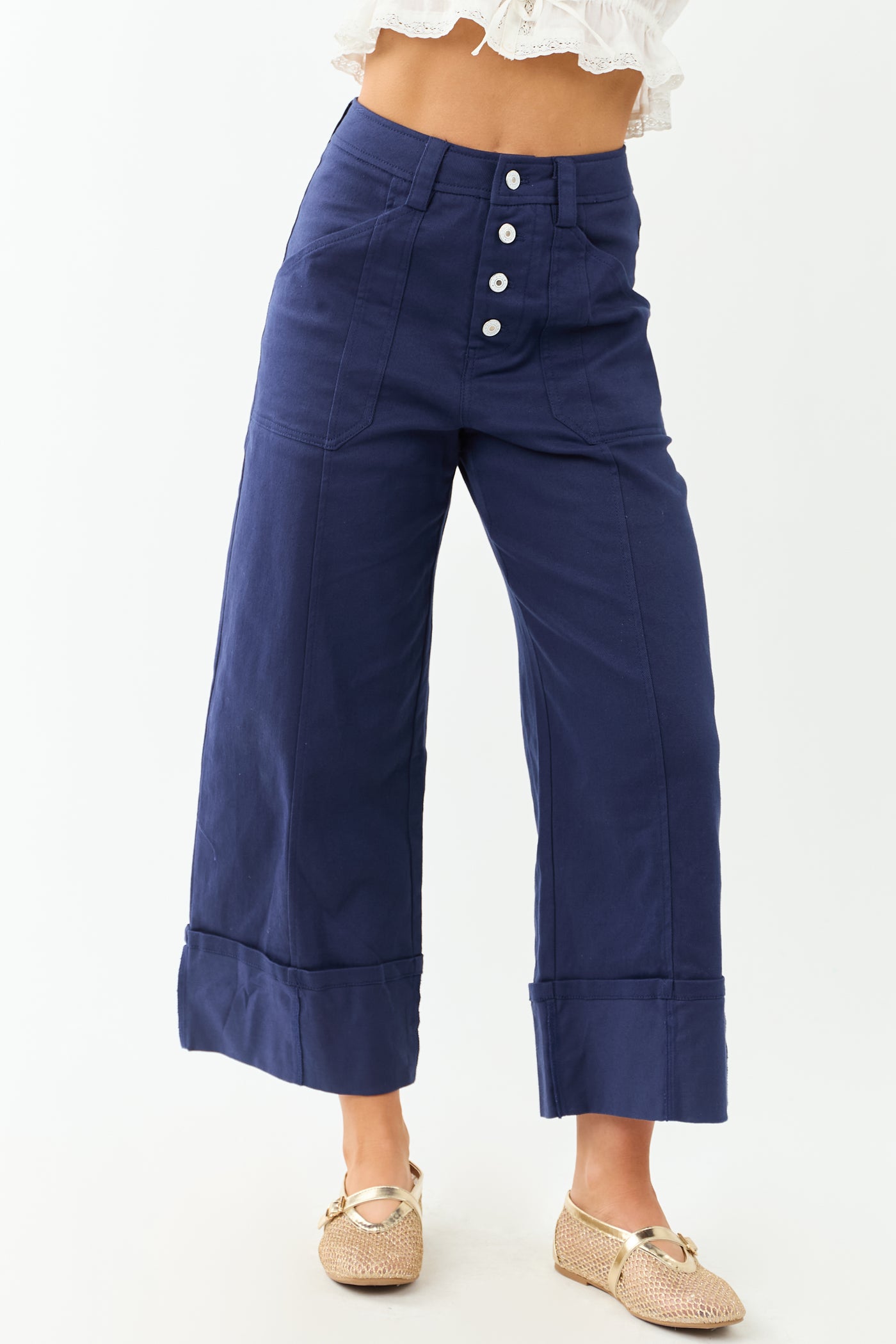 Entro Navy Wide Leg Cropped Cuffed High Waist Pants