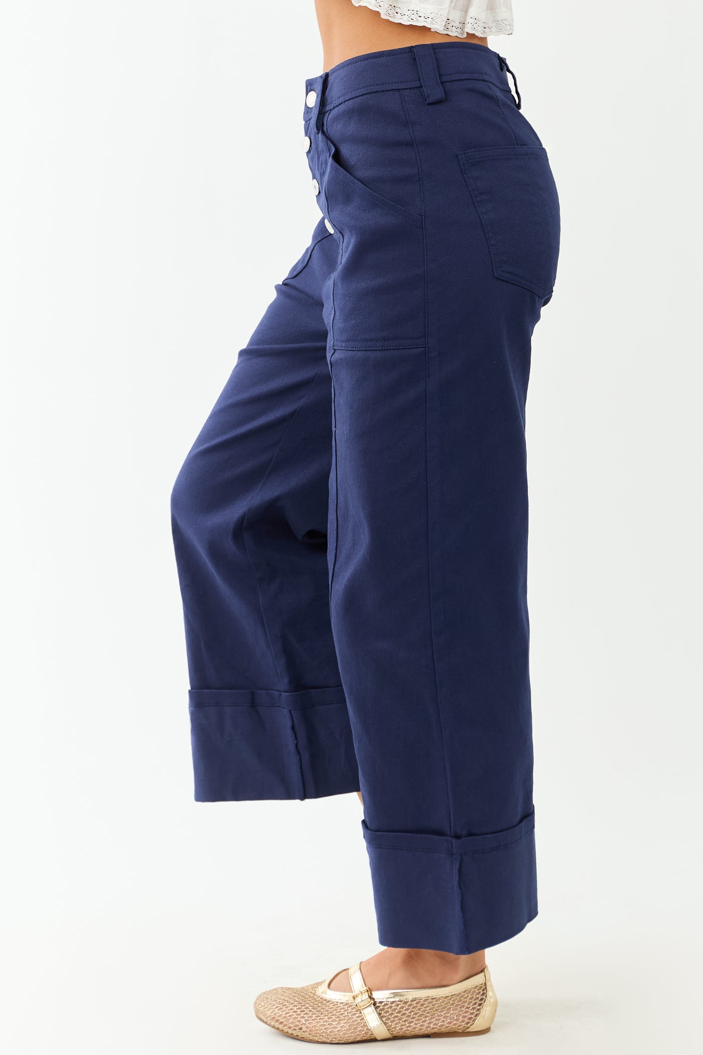 Entro Navy Wide Leg Cropped Cuffed High Waist Pants