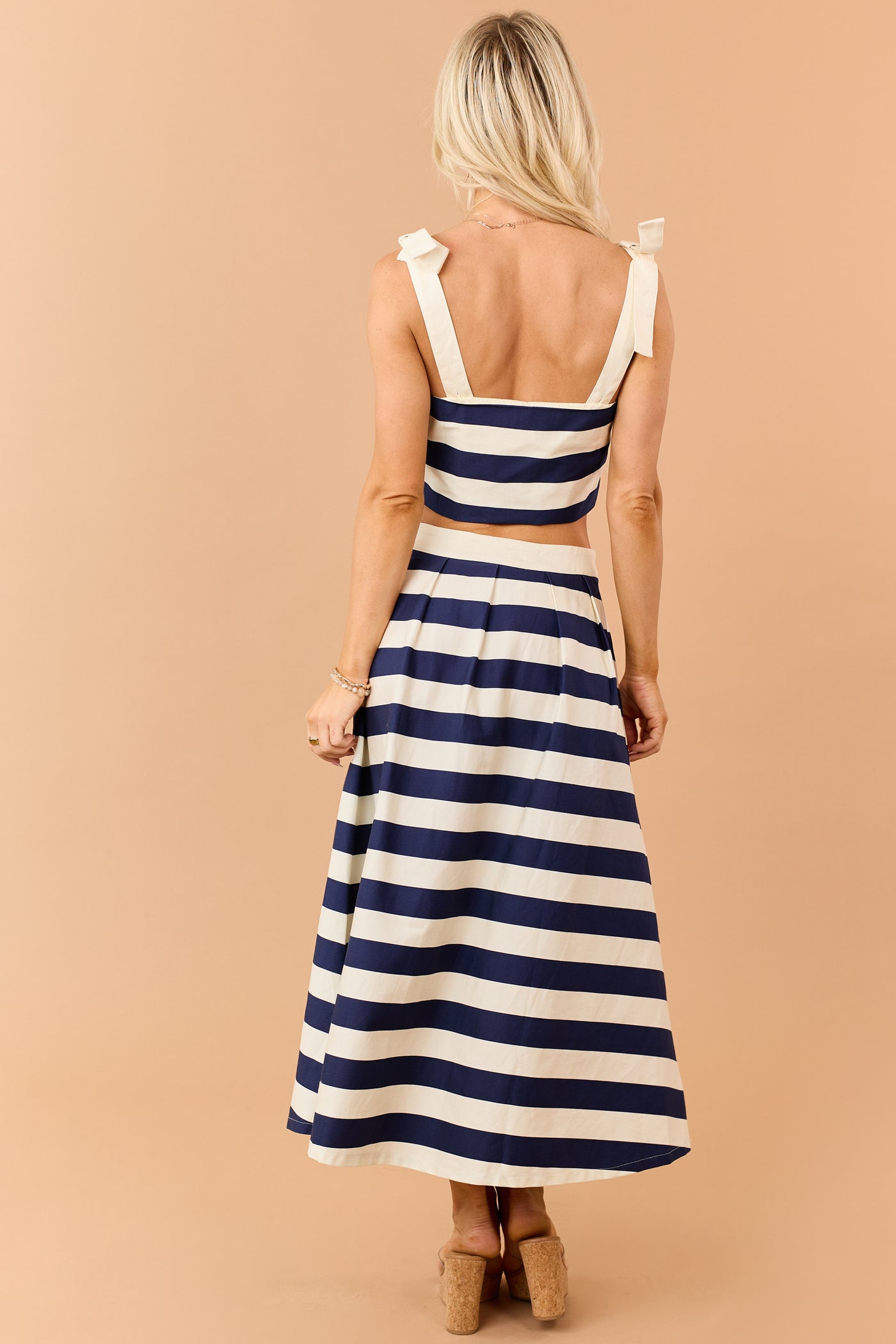 Entro Navy and Cream Striped Denim Midi Skirt