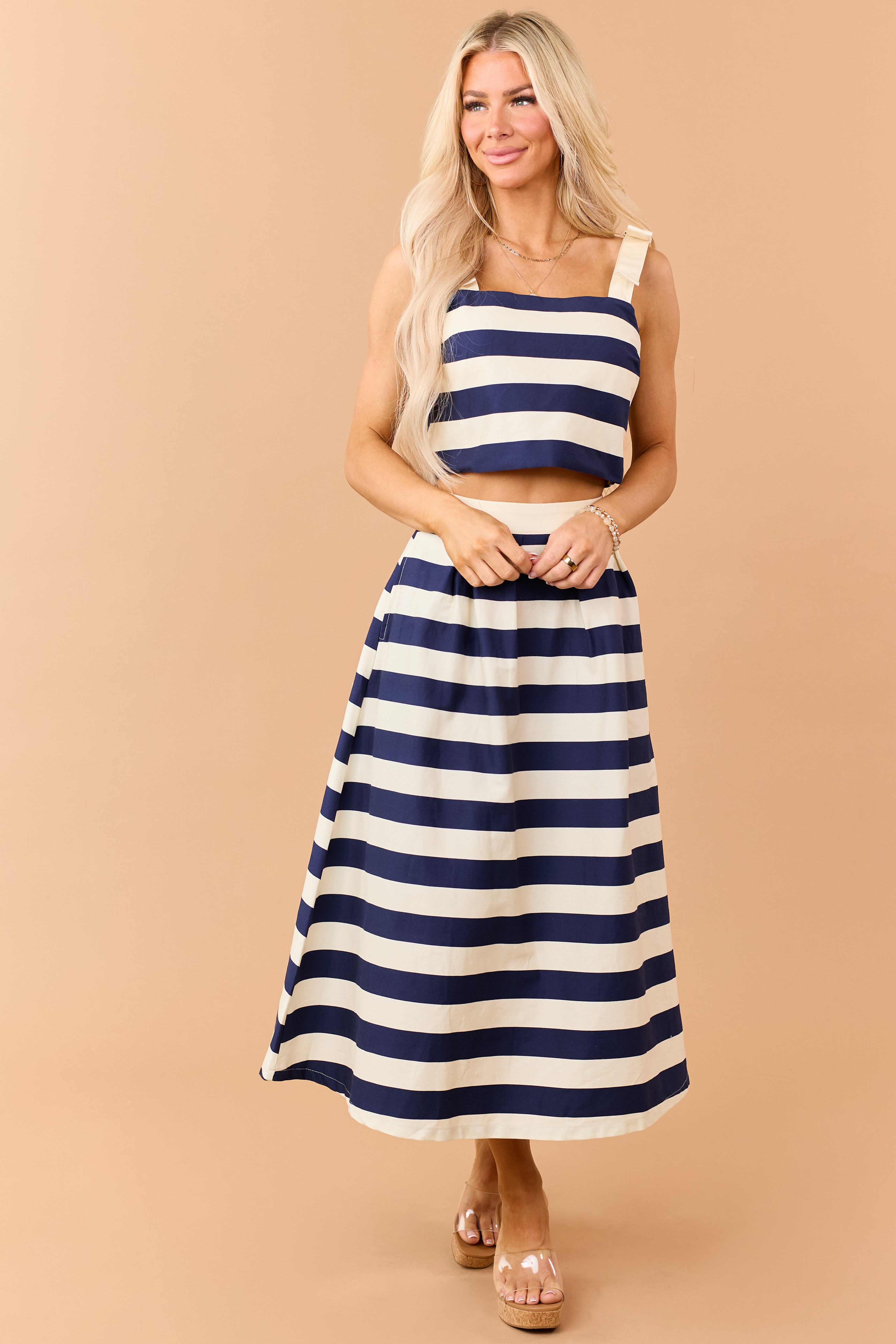 Entro Navy and Cream Striped Denim Midi Skirt