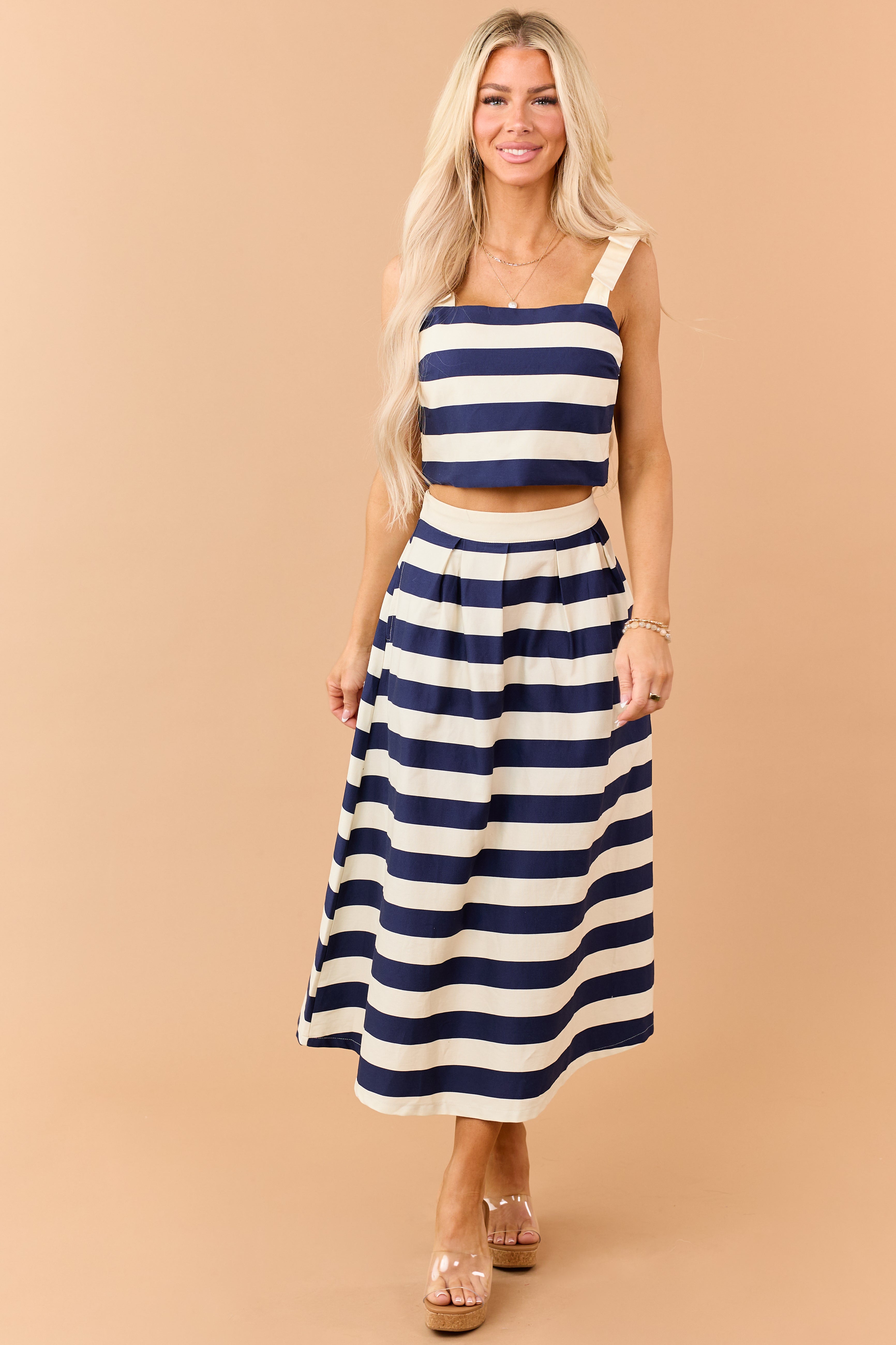 Entro Navy and Cream Striped Denim Midi Skirt