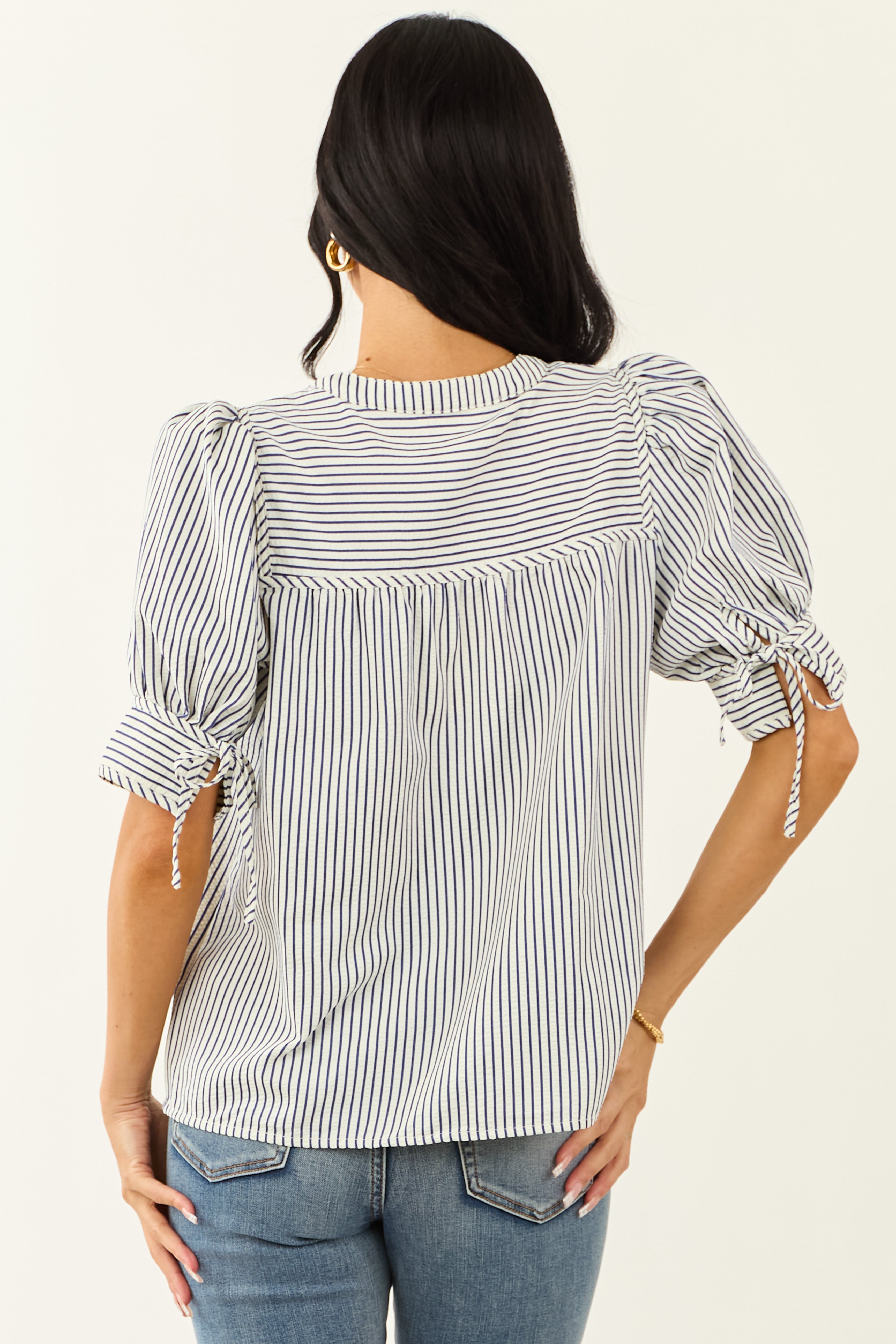 Entro Navy and Ivory Striped Half Puff Sleeve Top