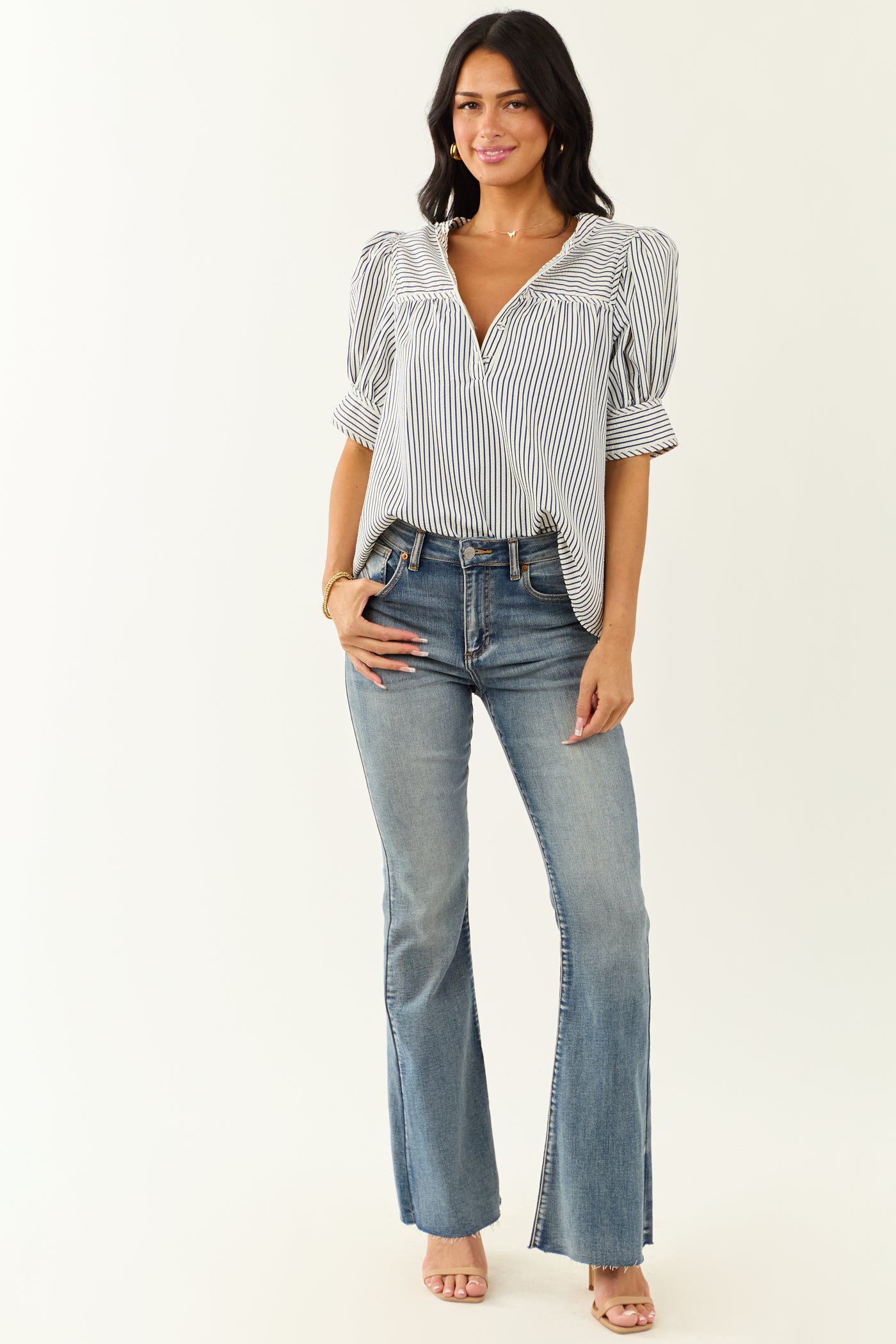 Entro Navy and Ivory Striped Half Puff Sleeve Top
