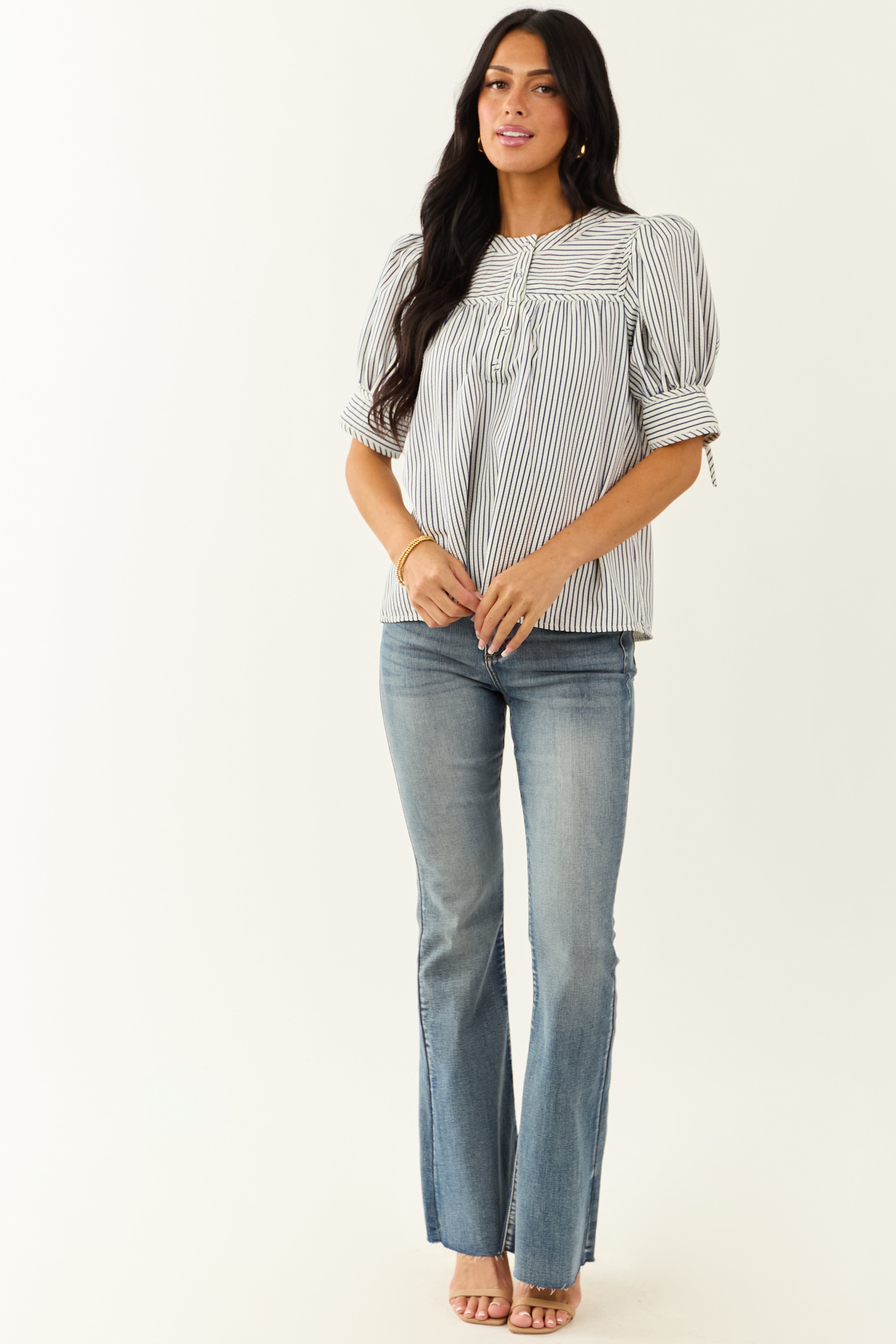 Entro Navy and Ivory Striped Half Puff Sleeve Top