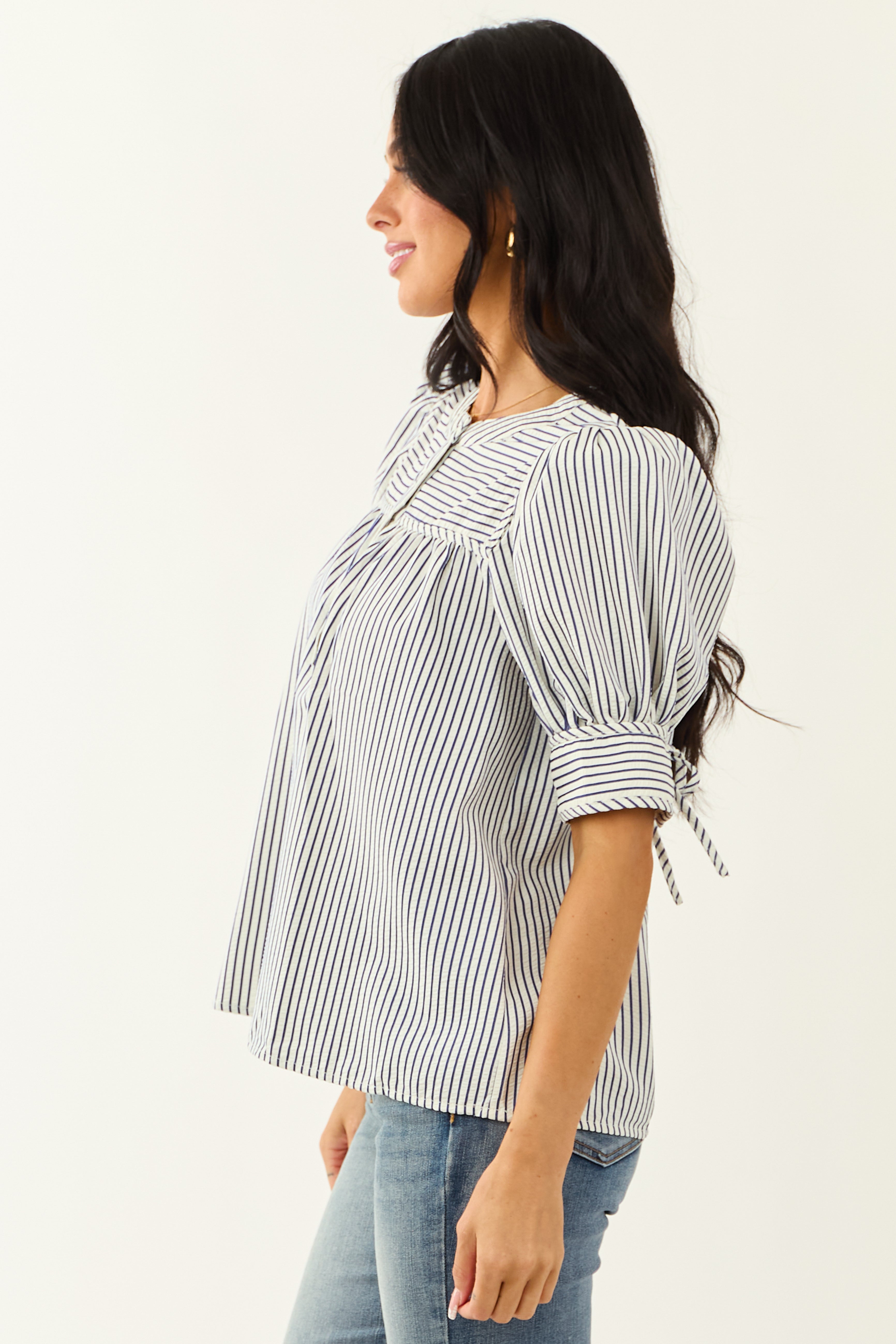 Entro Navy and Ivory Striped Half Puff Sleeve Top