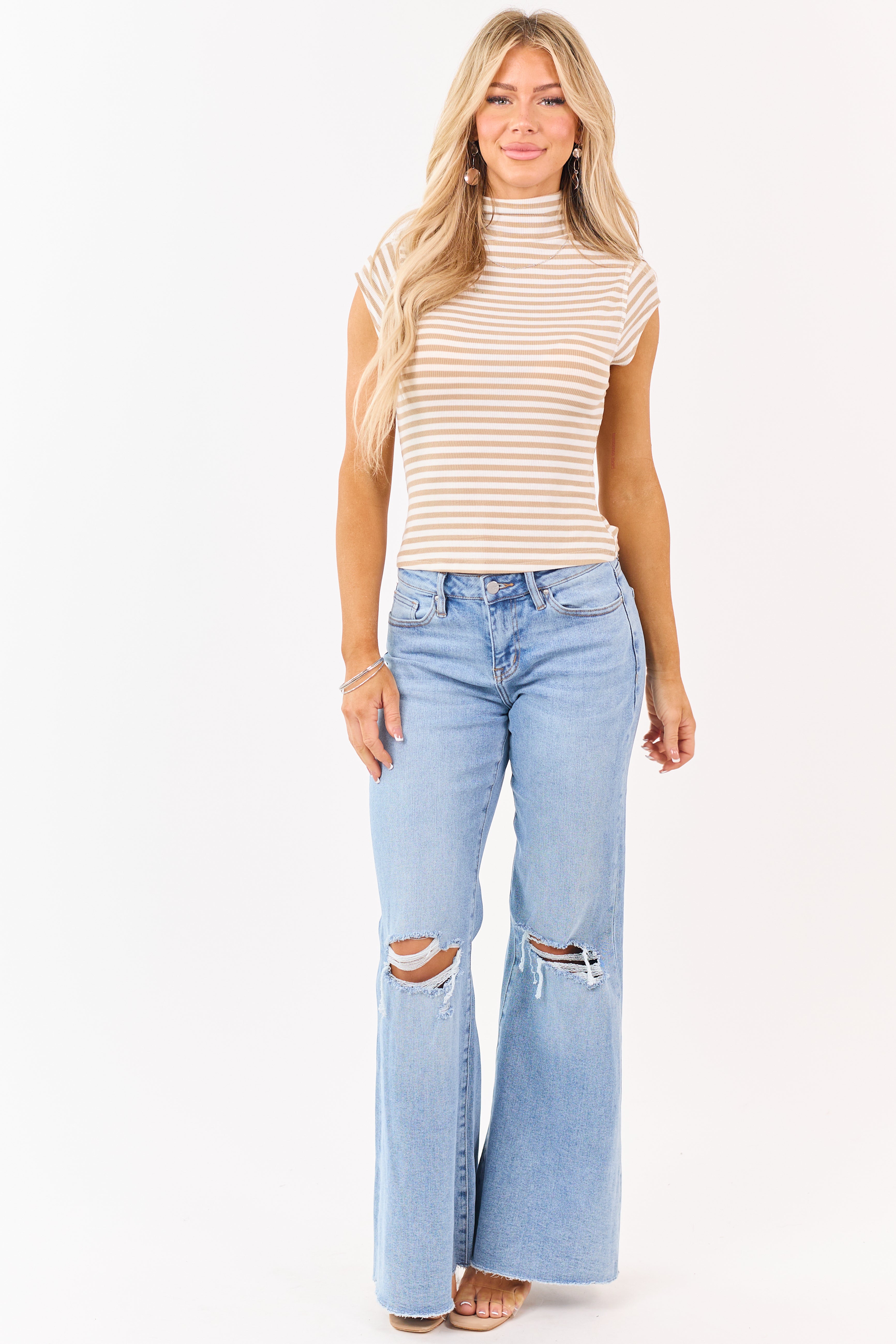 Entro Oatmeal and Ivory Striped Mock Neck Top