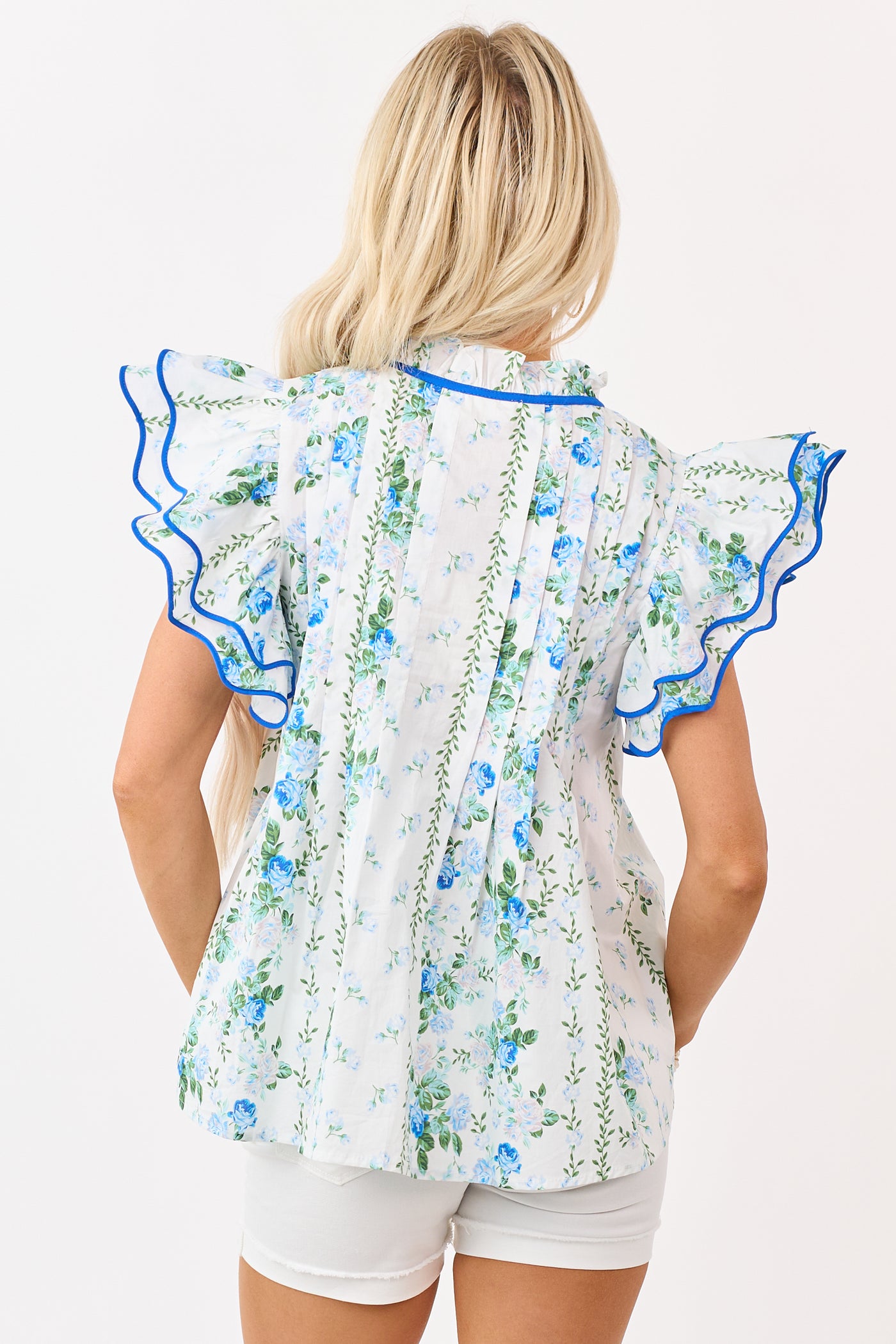 Entro Off White Cotton Floral Ruffle Sleeve Top