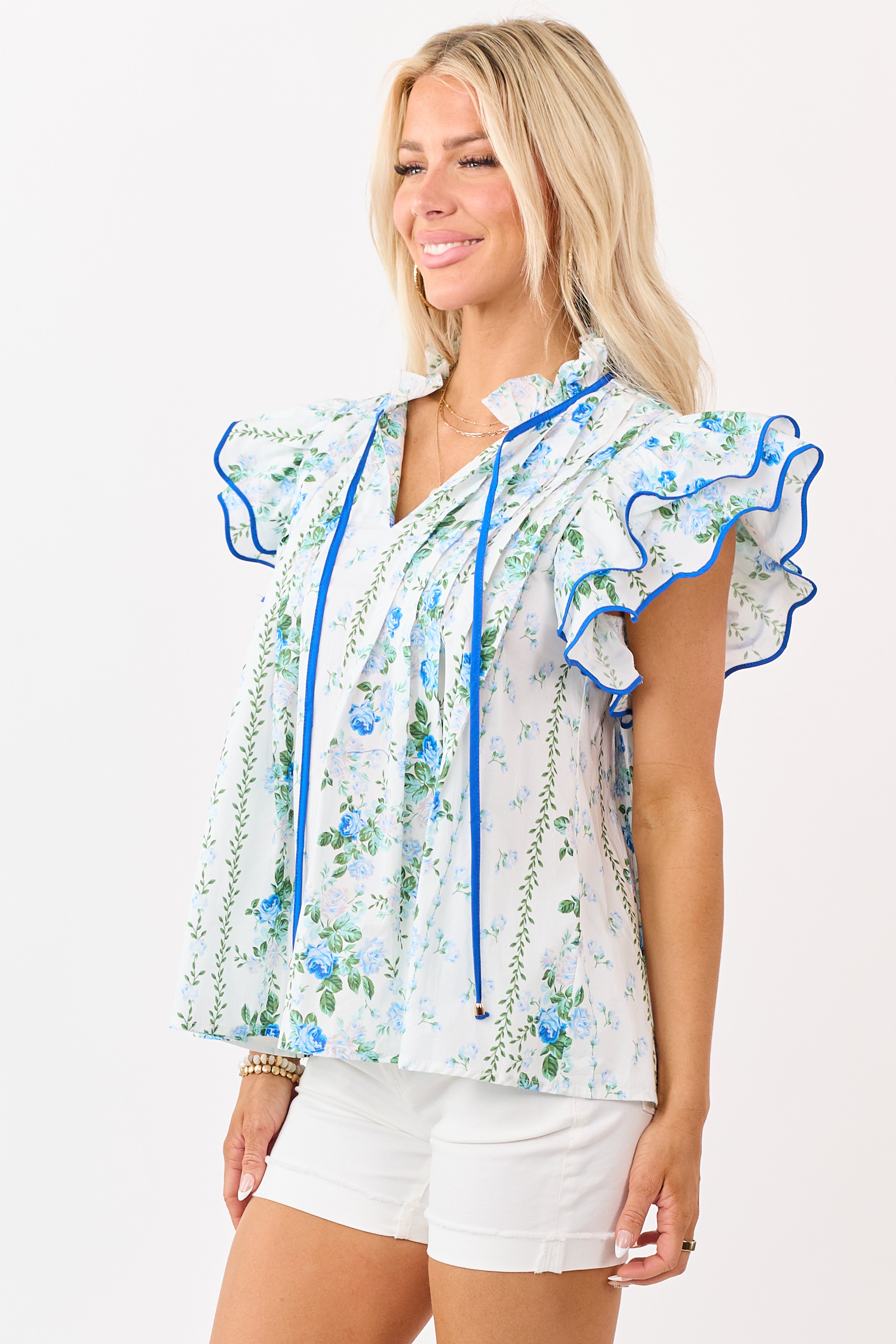 Entro Off White Cotton Floral Ruffle Sleeve Top | Lime Lush Boutique