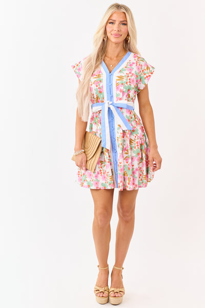 Entro Off White Floral Cotton Button Down Mini Dress