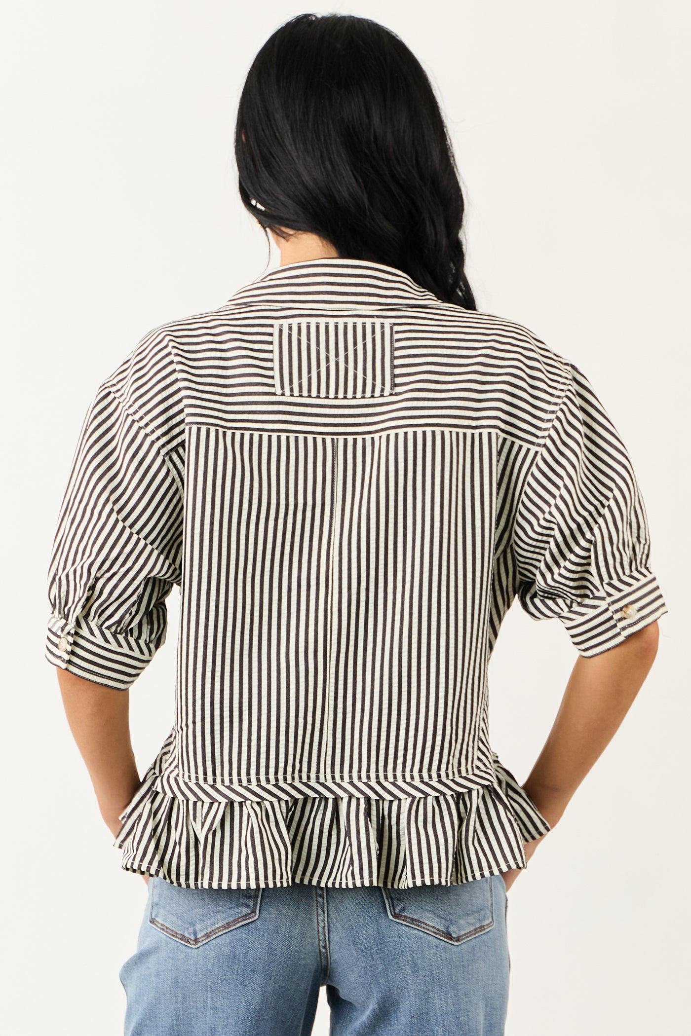 Entro Off White Railroad Stripe Ruffle Boxy Top