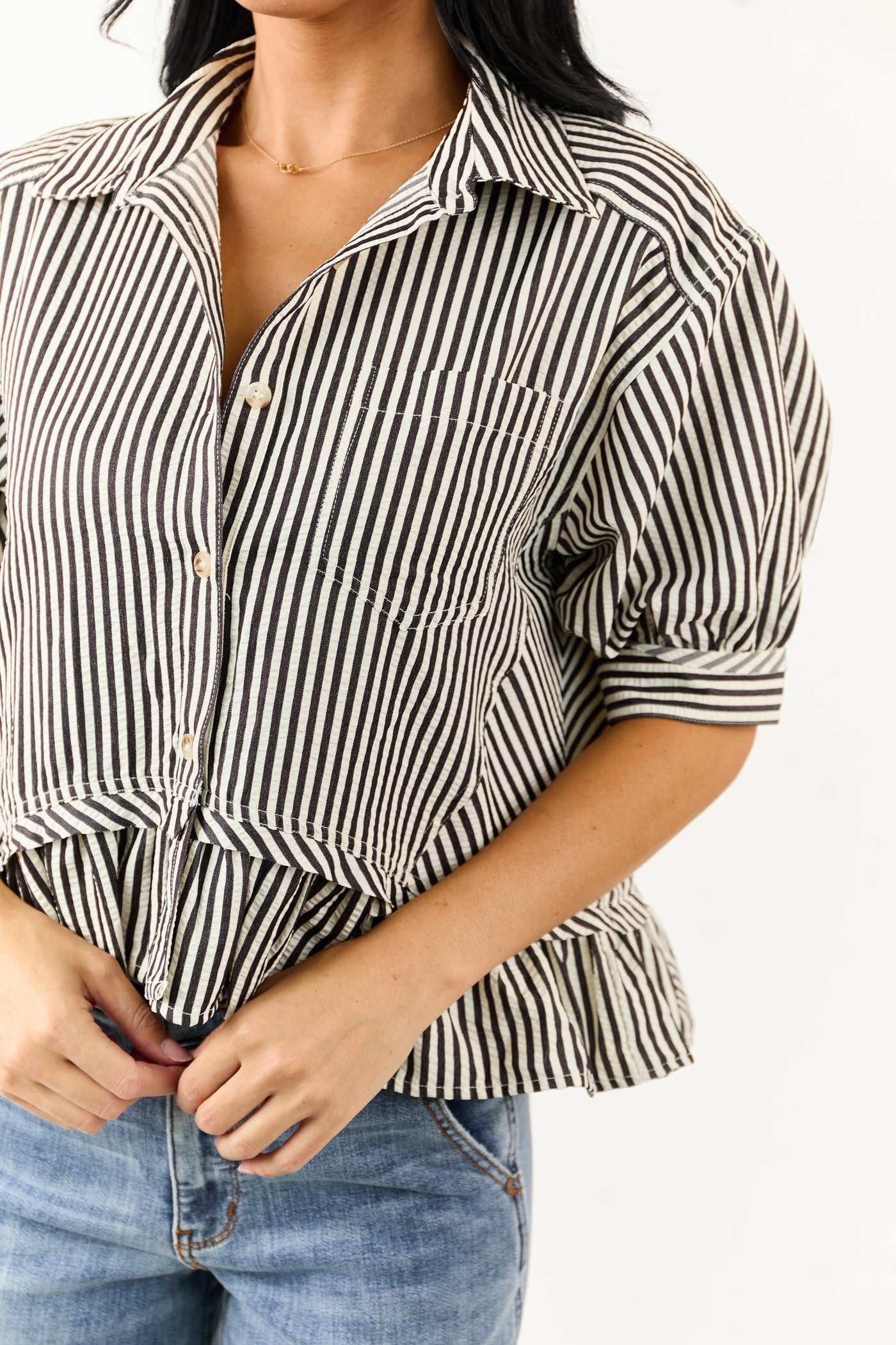Entro Off White Railroad Stripe Ruffle Boxy Top