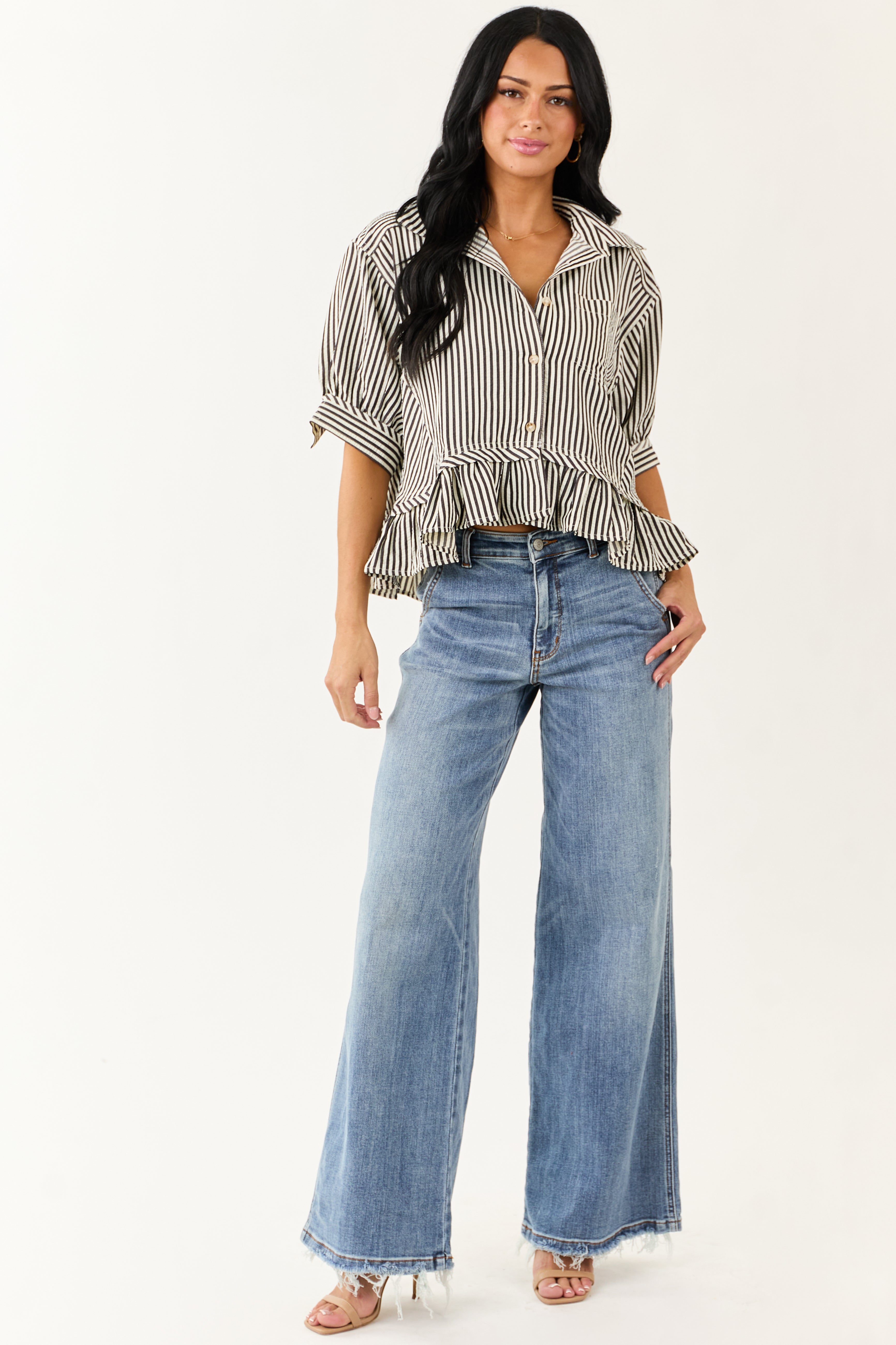 Entro Off White Railroad Stripe Ruffle Boxy Top