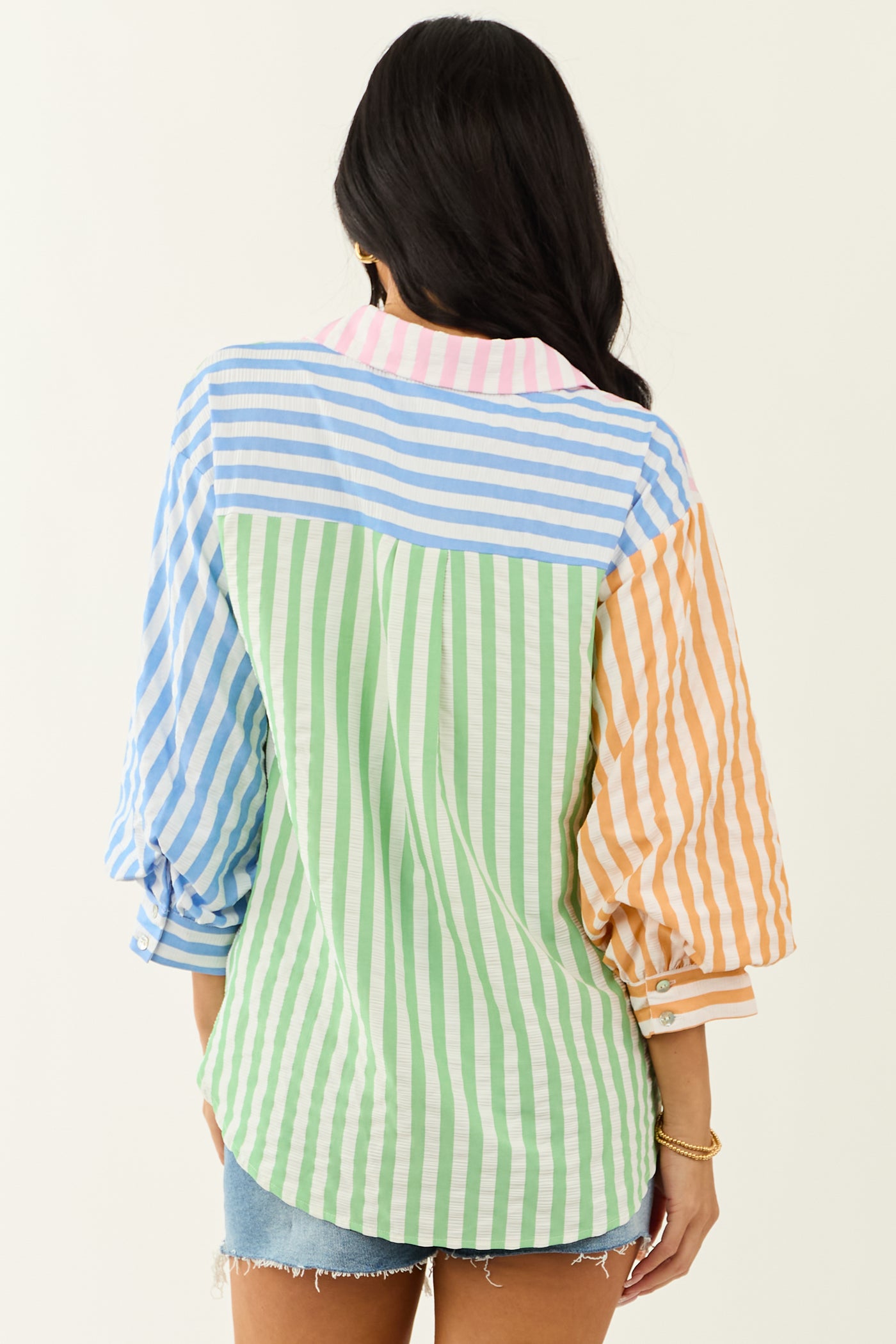 Entro Off White Striped Colorblock 3/4 Sleeve Top