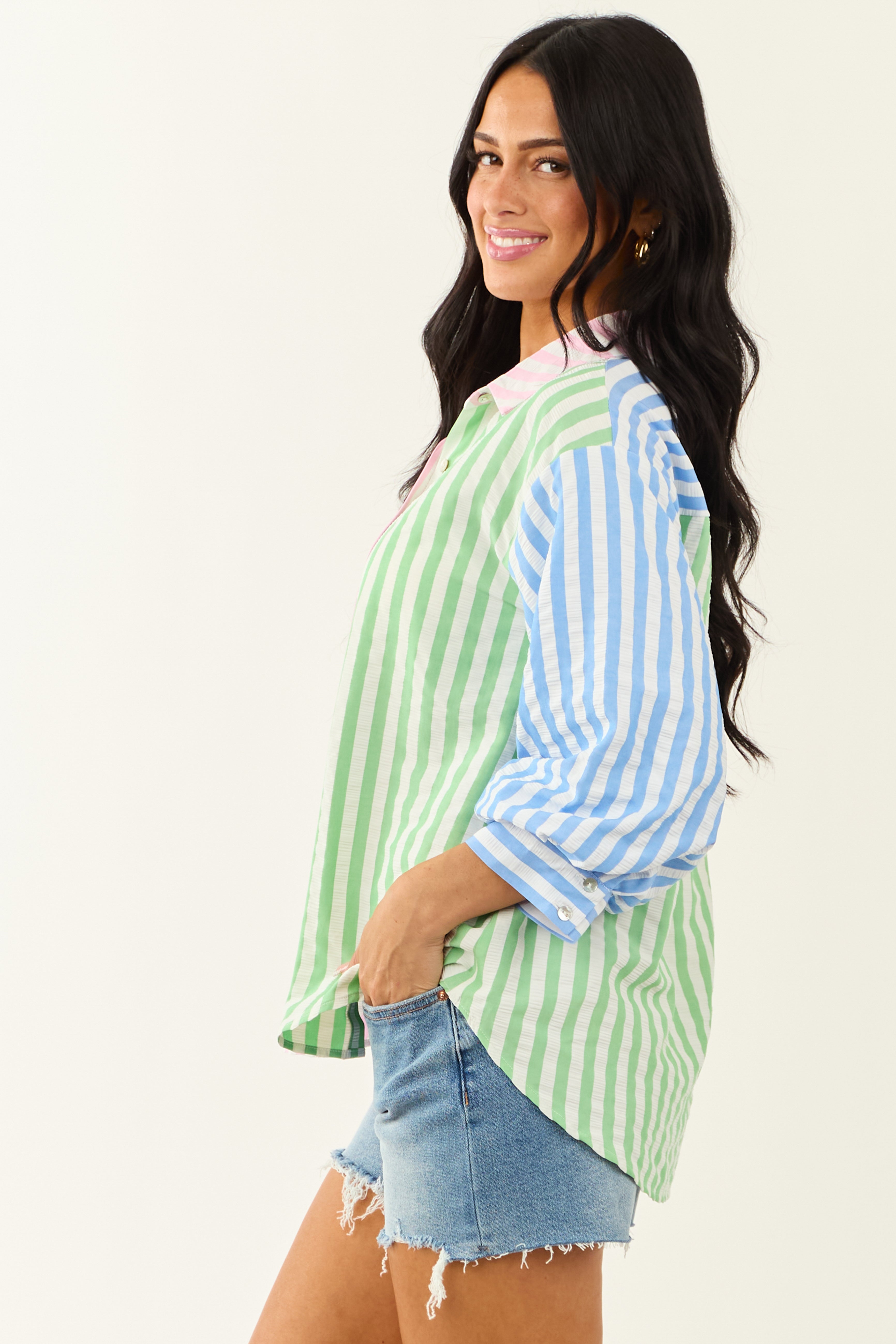Entro Off White Striped Colorblock 3/4 Sleeve Top | Lime