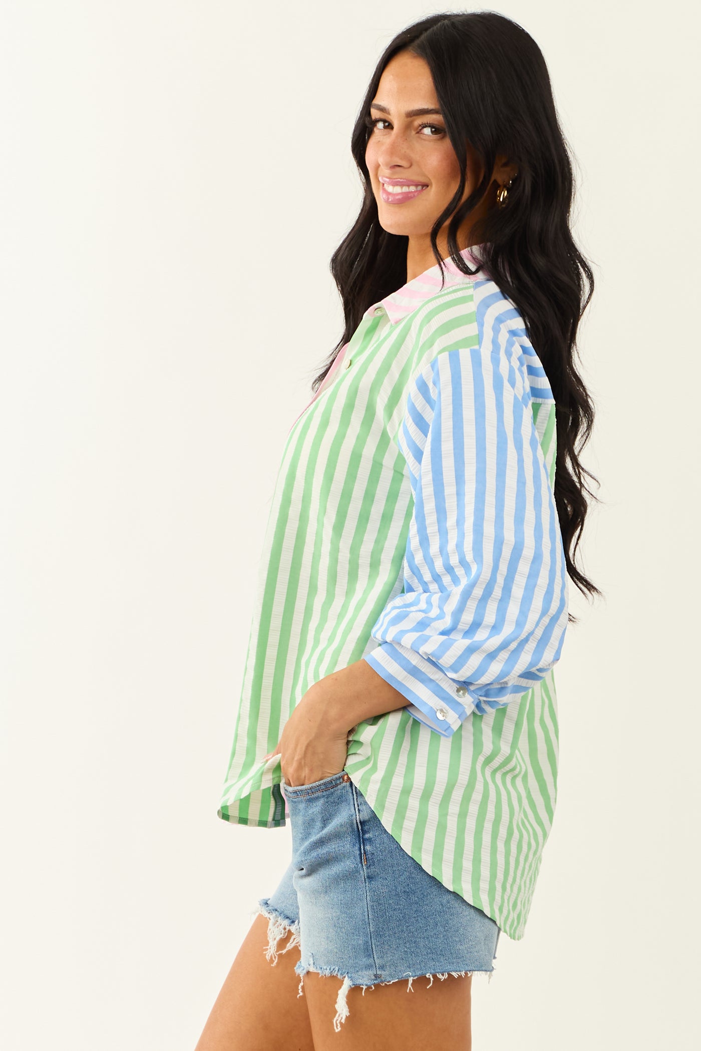 Entro Off White Striped Colorblock 3/4 Sleeve Top