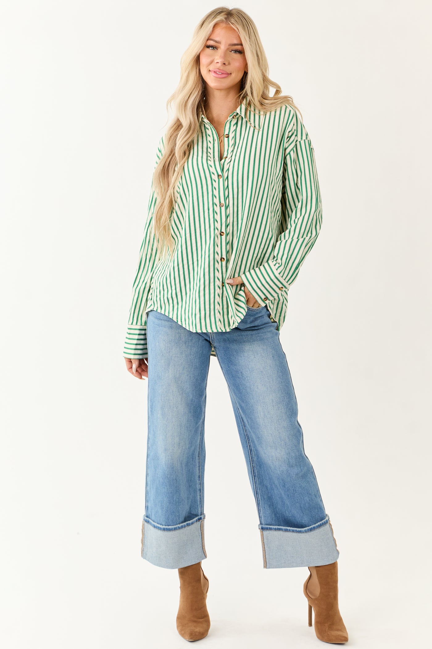 Entro Off White Striped Long Sleeve Button Up Top