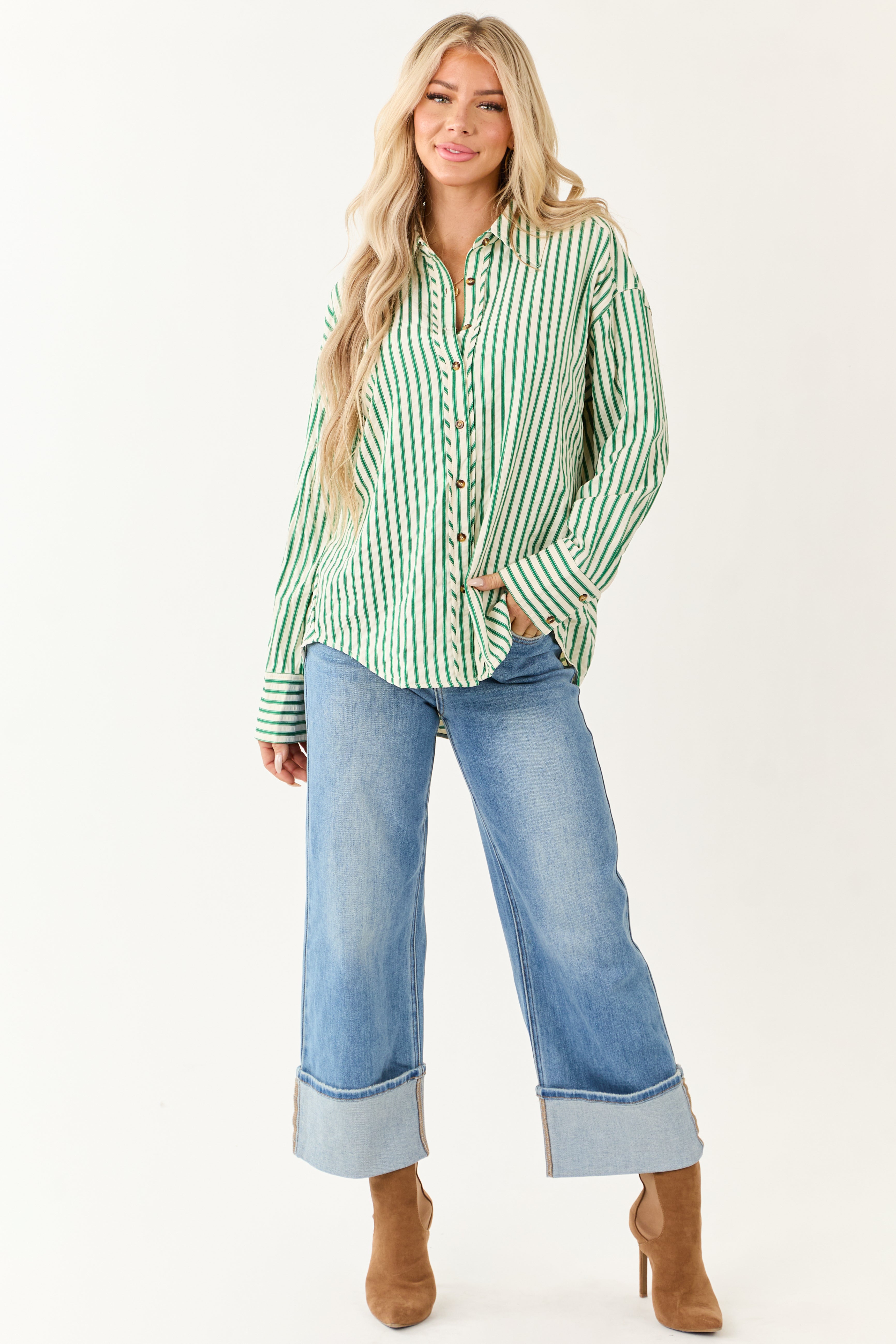 Entro Off White Striped Long Sleeve Button Up Top