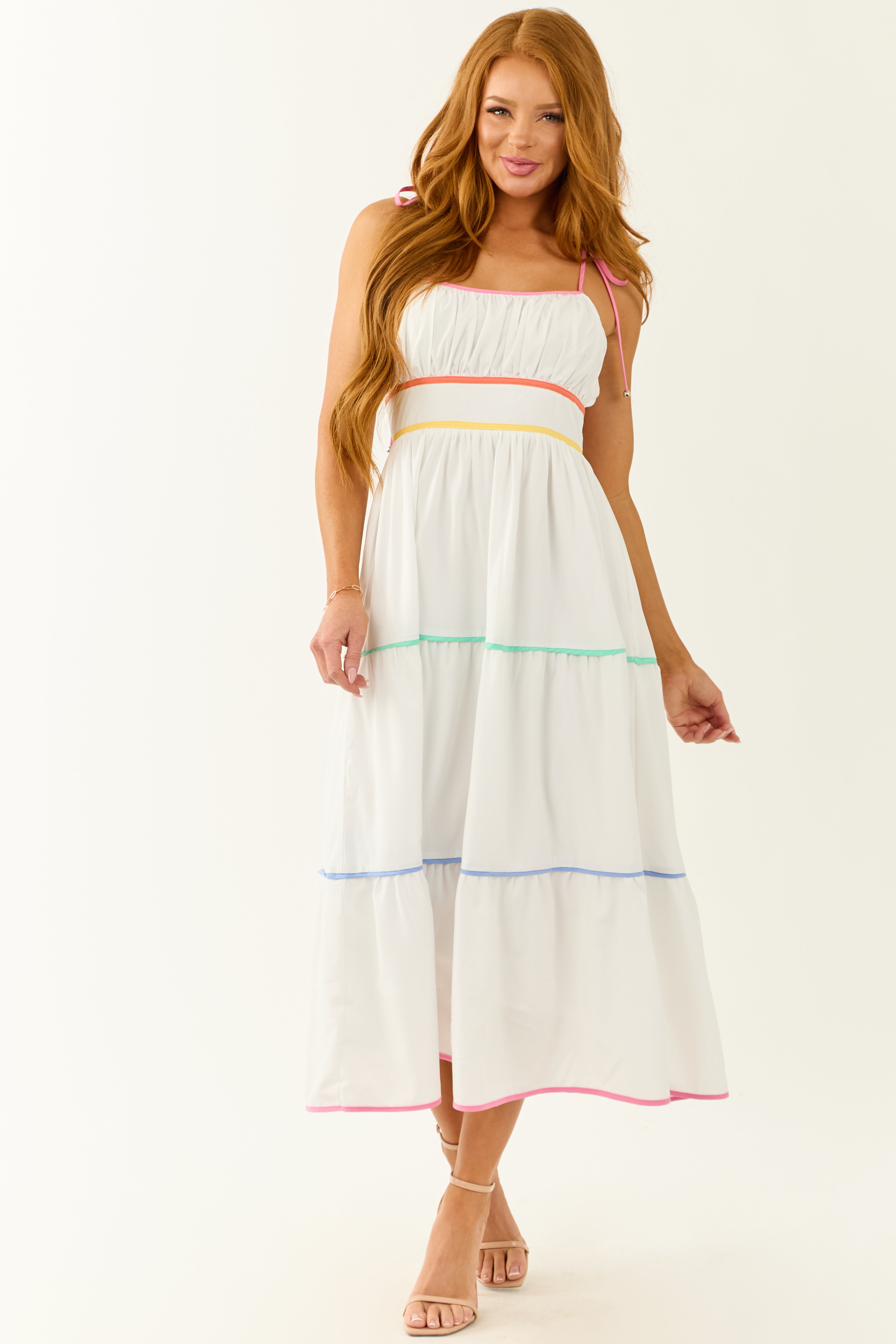 Entro Off White Tiered Sleeveless Midi Dress